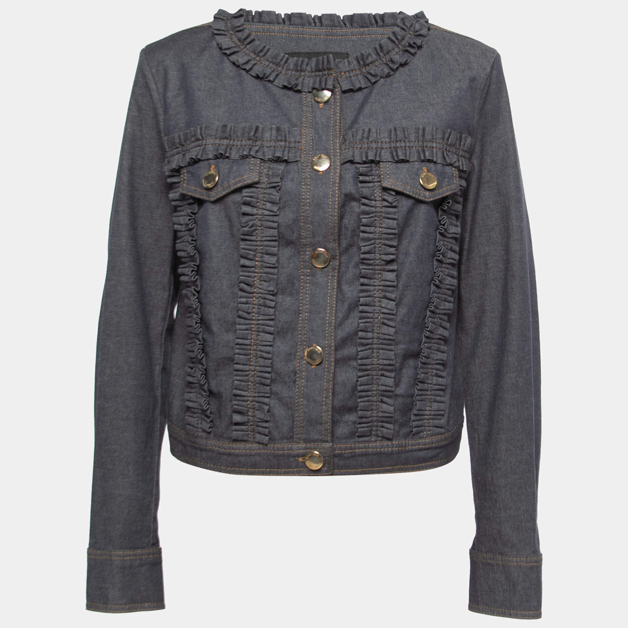 Pre Owned Boutique Moschino Dark Blue Denim Button Front Frill Detail Jacket L