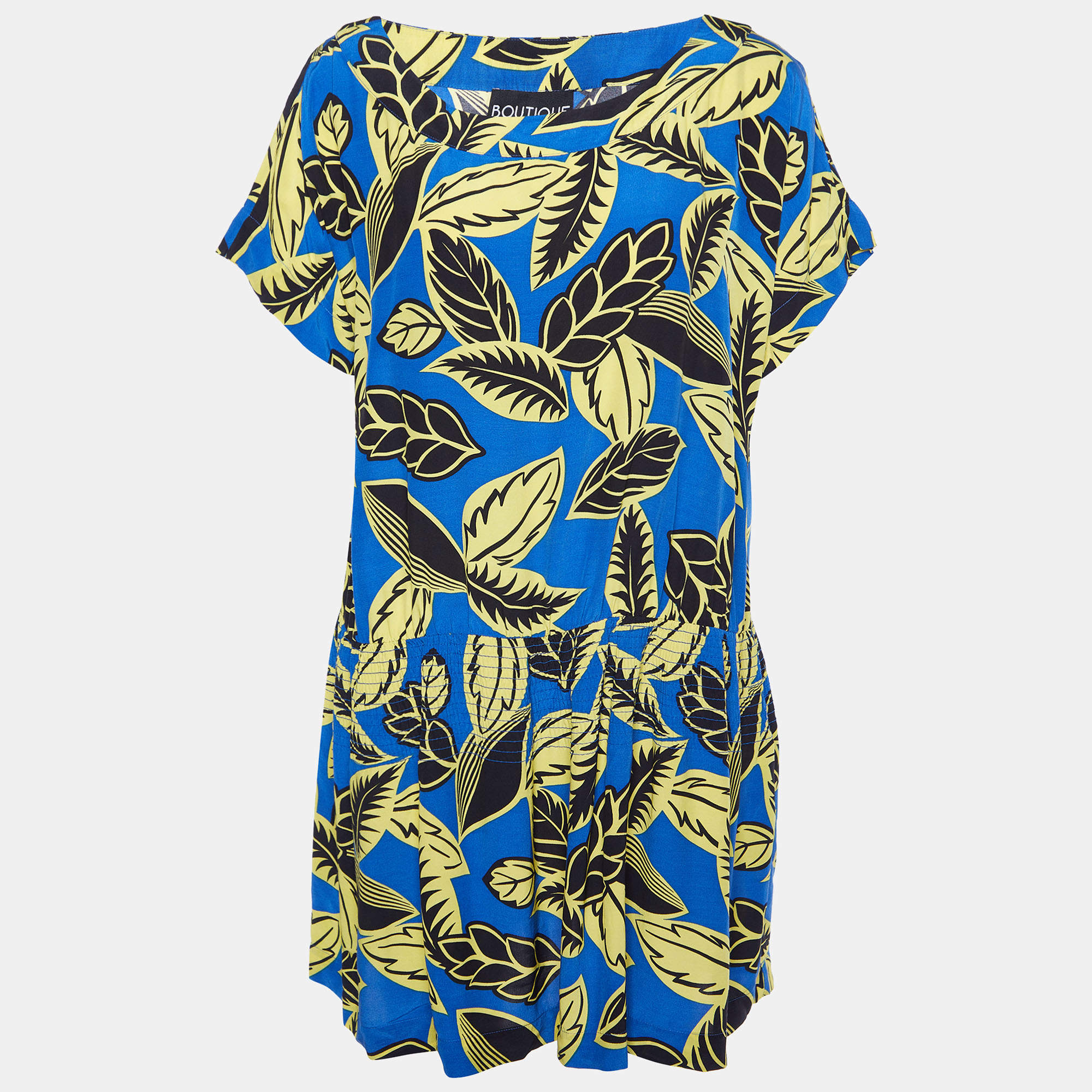 Pre Owned Boutique Moschino Blue Printed Rayon Shirred Detail Mini Dress M