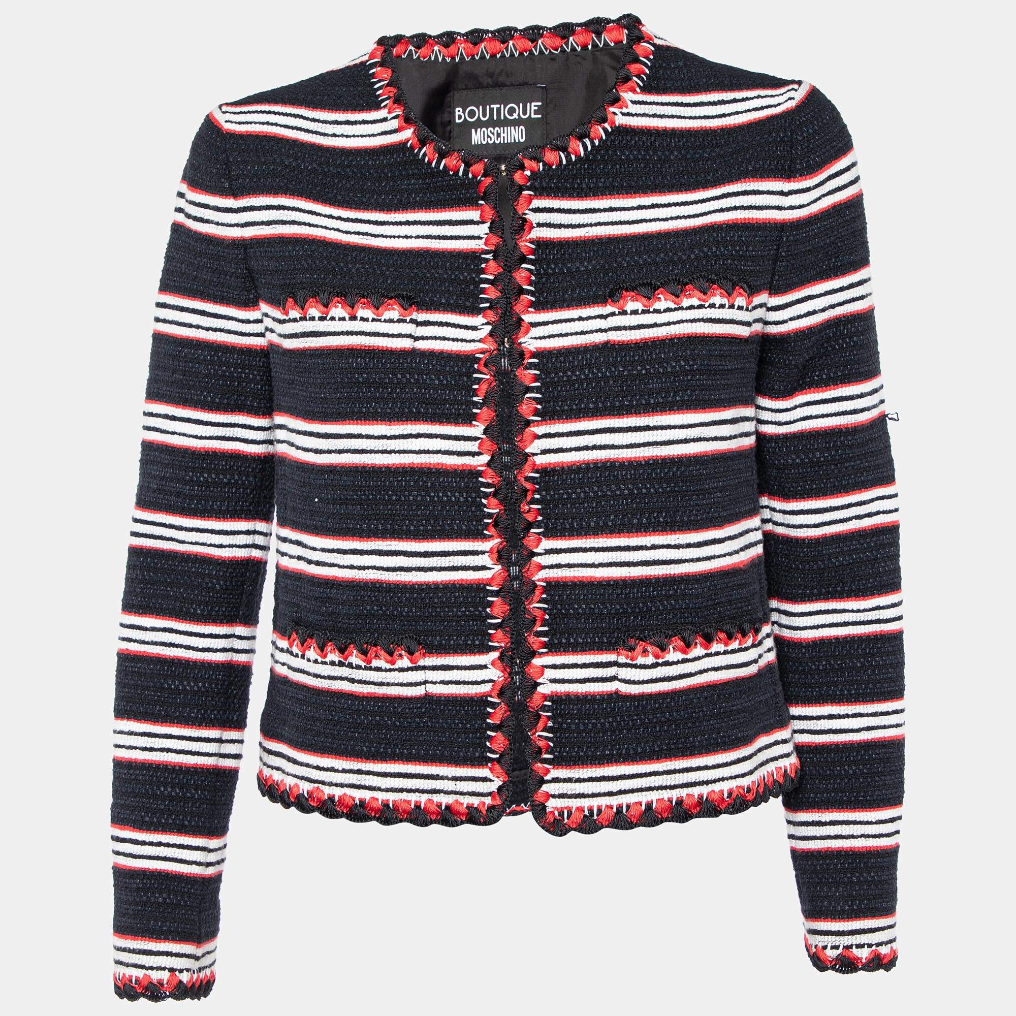 Pre Owned Boutique Moschino Black & Red Striped Tweed Collarless Jacket M