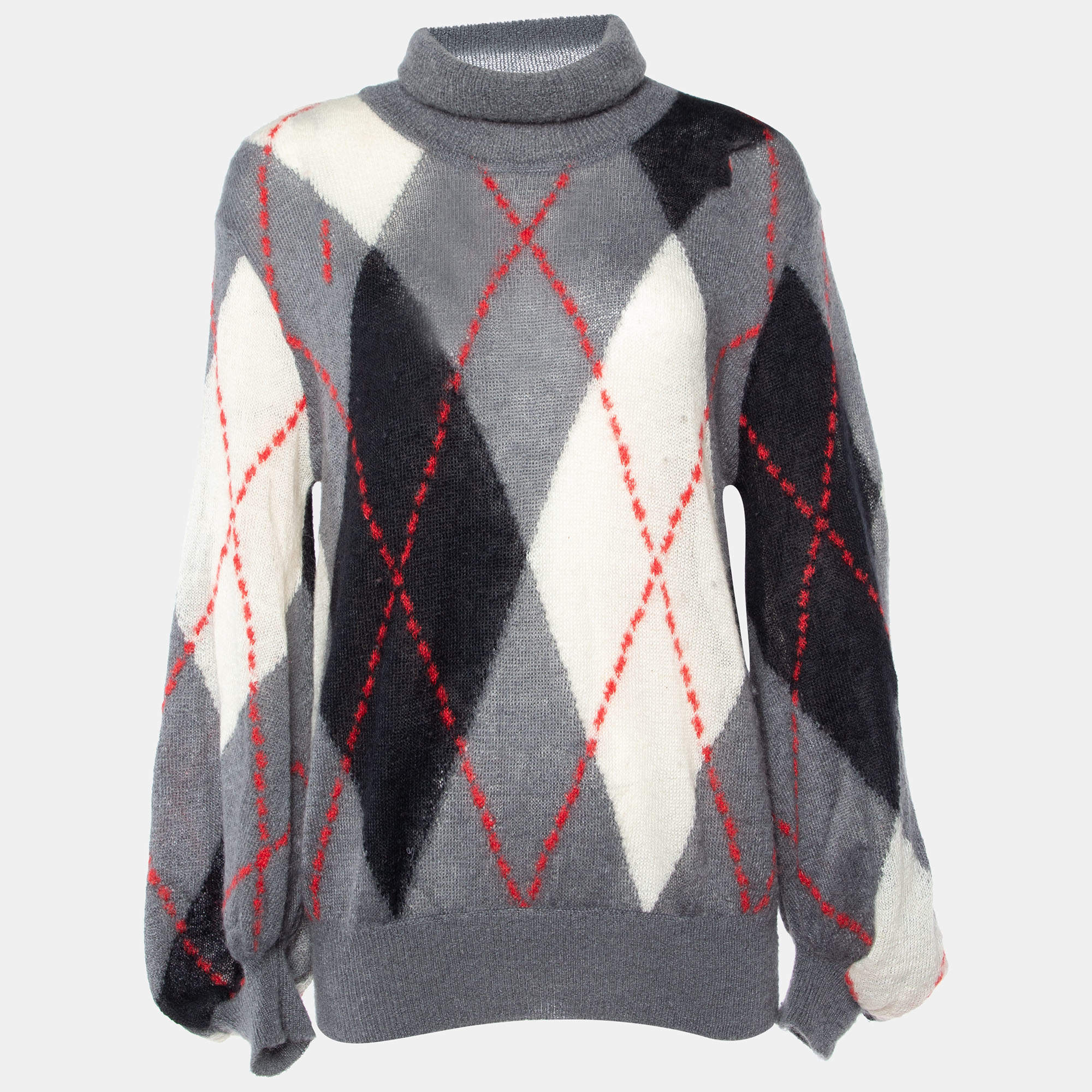 Pre Owned Boutique Moschino Grey Checked Mohair Wool Turtleneck Sweater M