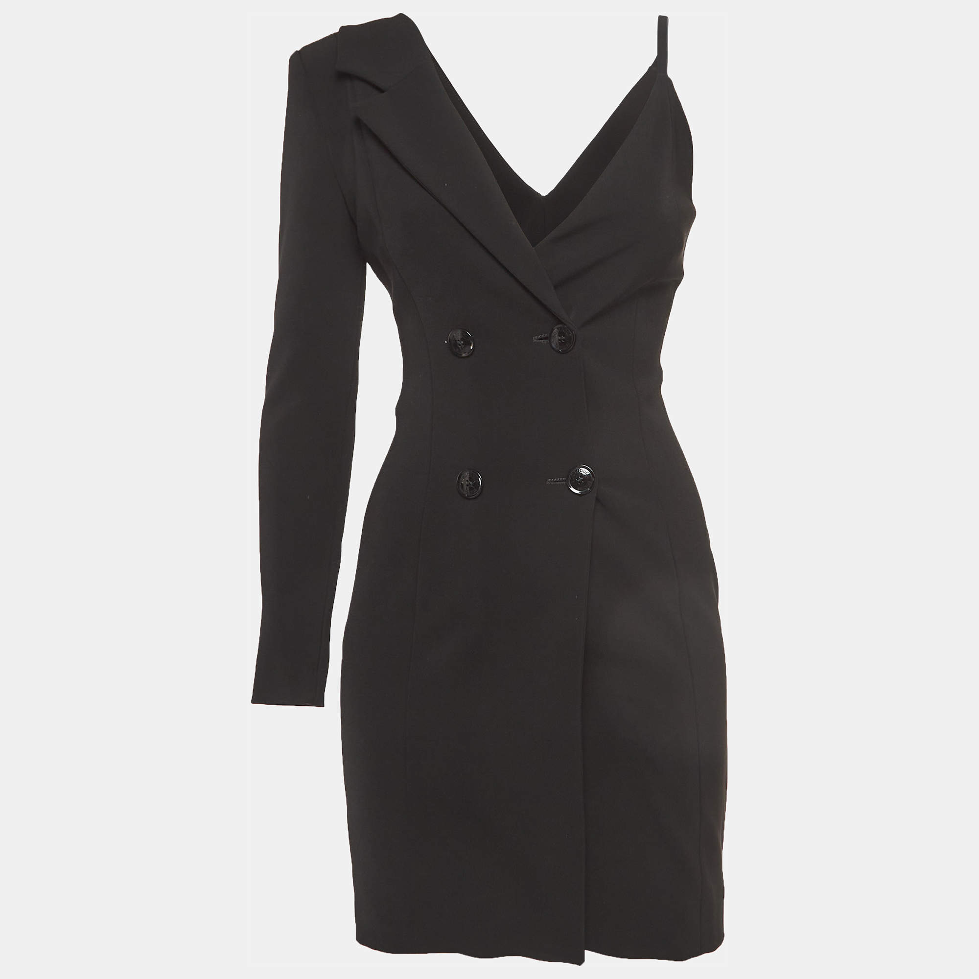 Pre Owned Boutique Moschino Black Stretch Crepe One Shoulder Double Breasted Dress XS