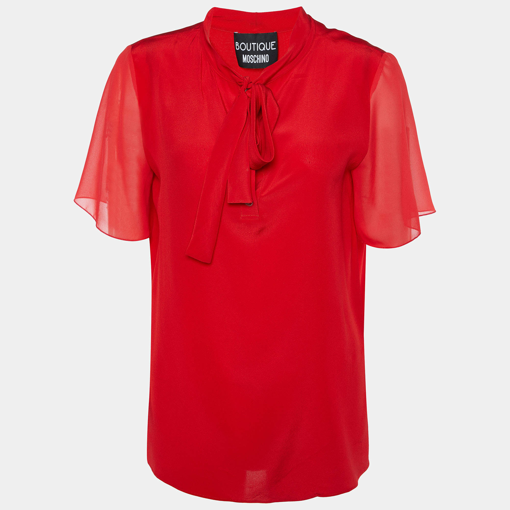 Pre Owned Boutique Moschino Red Silk Tie Neck Blouse M 
