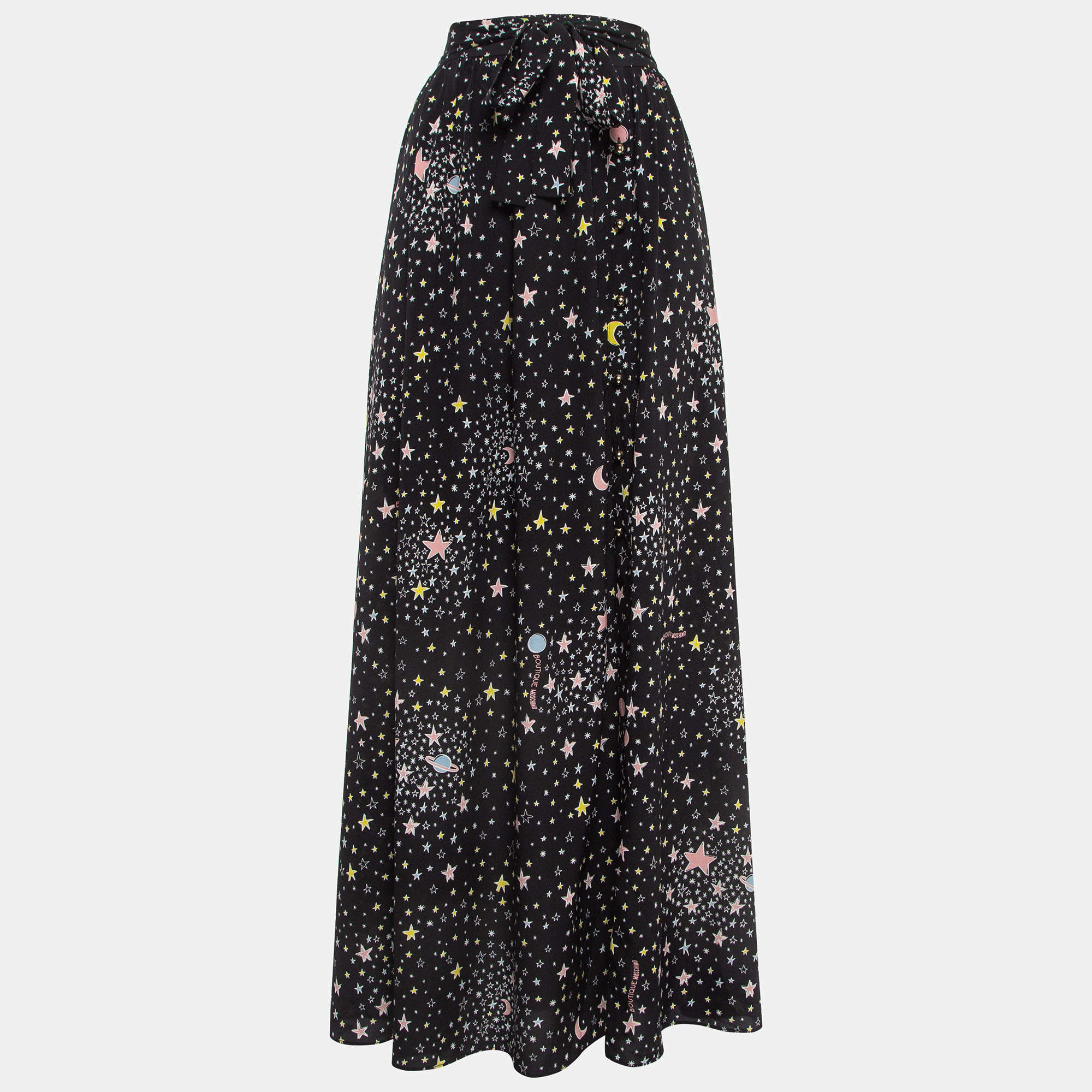 Boutique Moschino Black Stars Print Silk Blend Tie-Up Waist Maxi Skirt M
