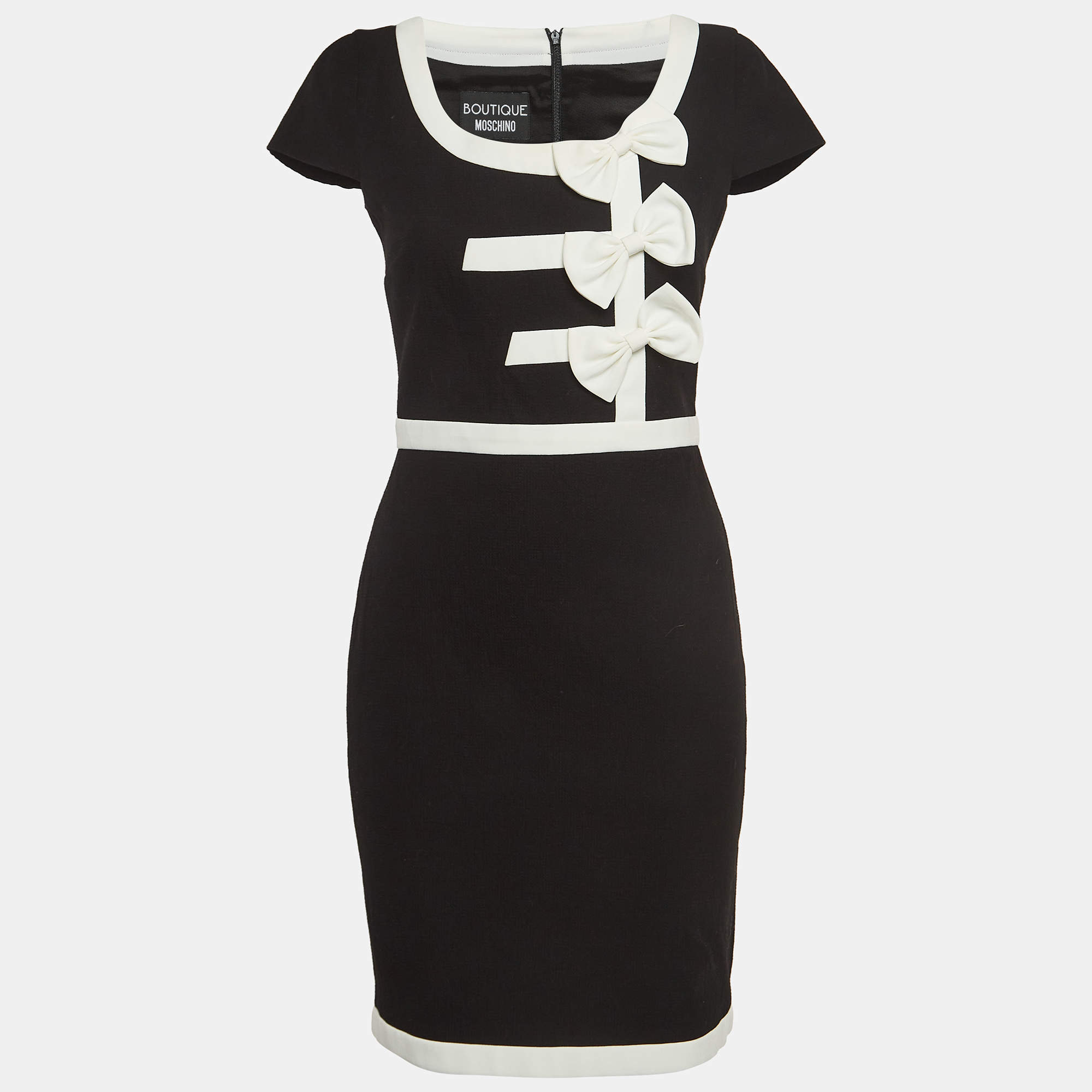 Pre Owned Boutique Moschino Black Cotton Bow Detail Cup Sleeve Sheath Dress S