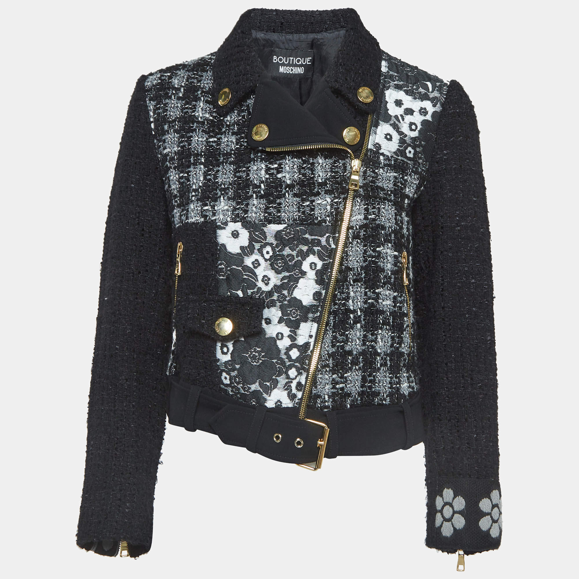 Pre Owned Boutique Moschino Monochrome Jacquard Trim Tweed Zipper Jacket M