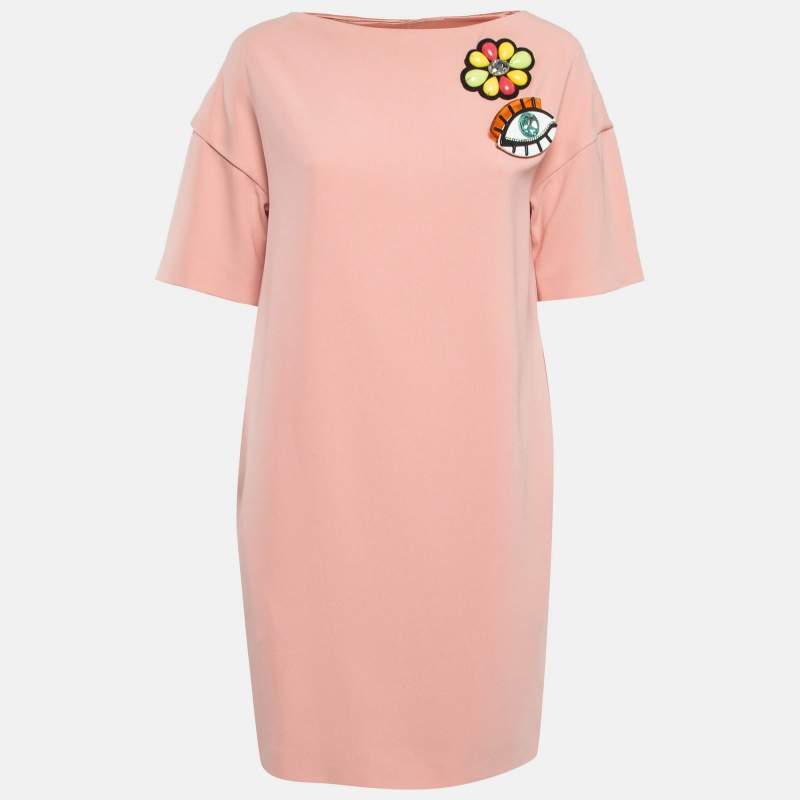 Pre Owned Boutique Moschino Pink Brooch Applique Crepe Shift Dress S