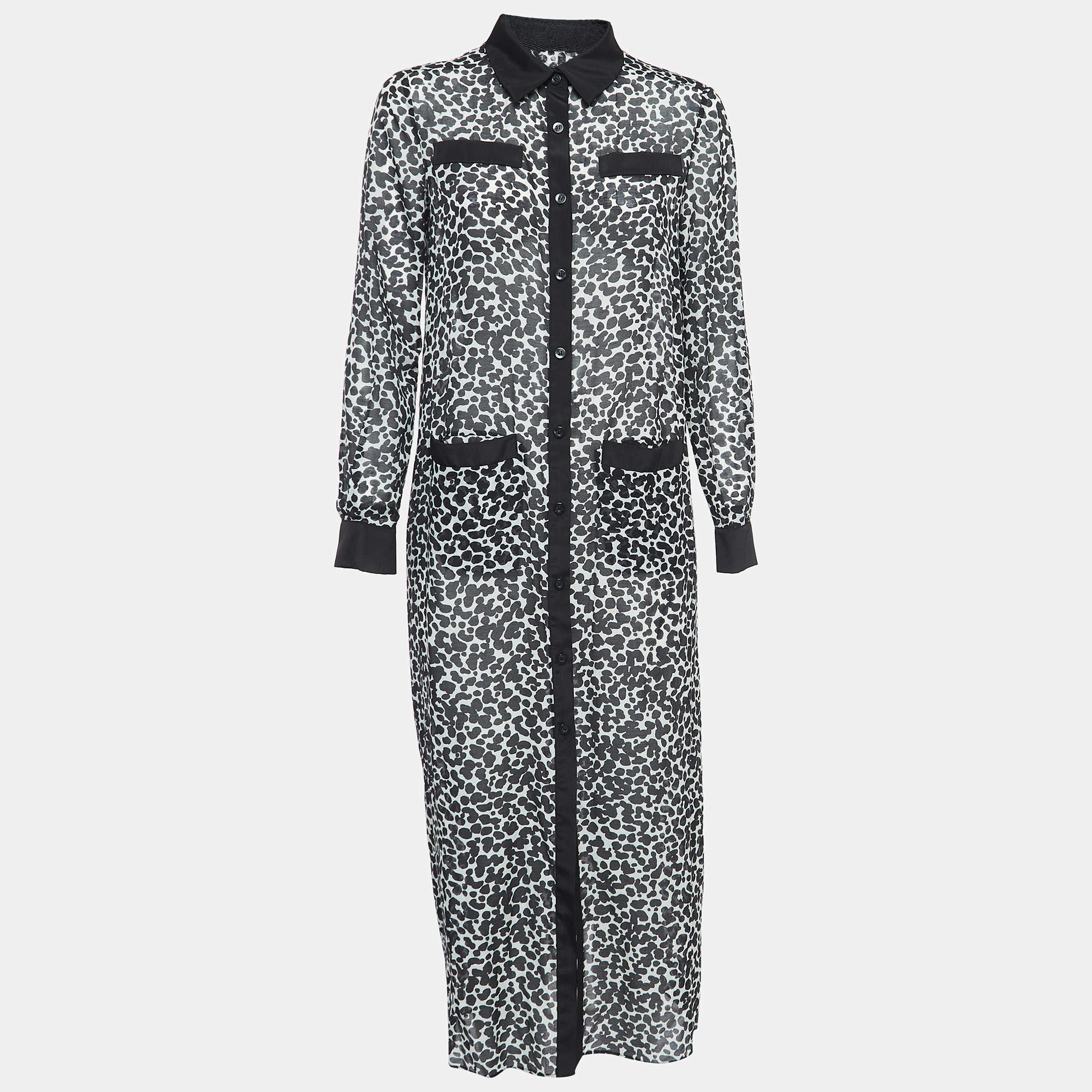 Pre Owned Boutique Moschino Black & White Printed Silk Blend Buttoned Front Midi Dress S