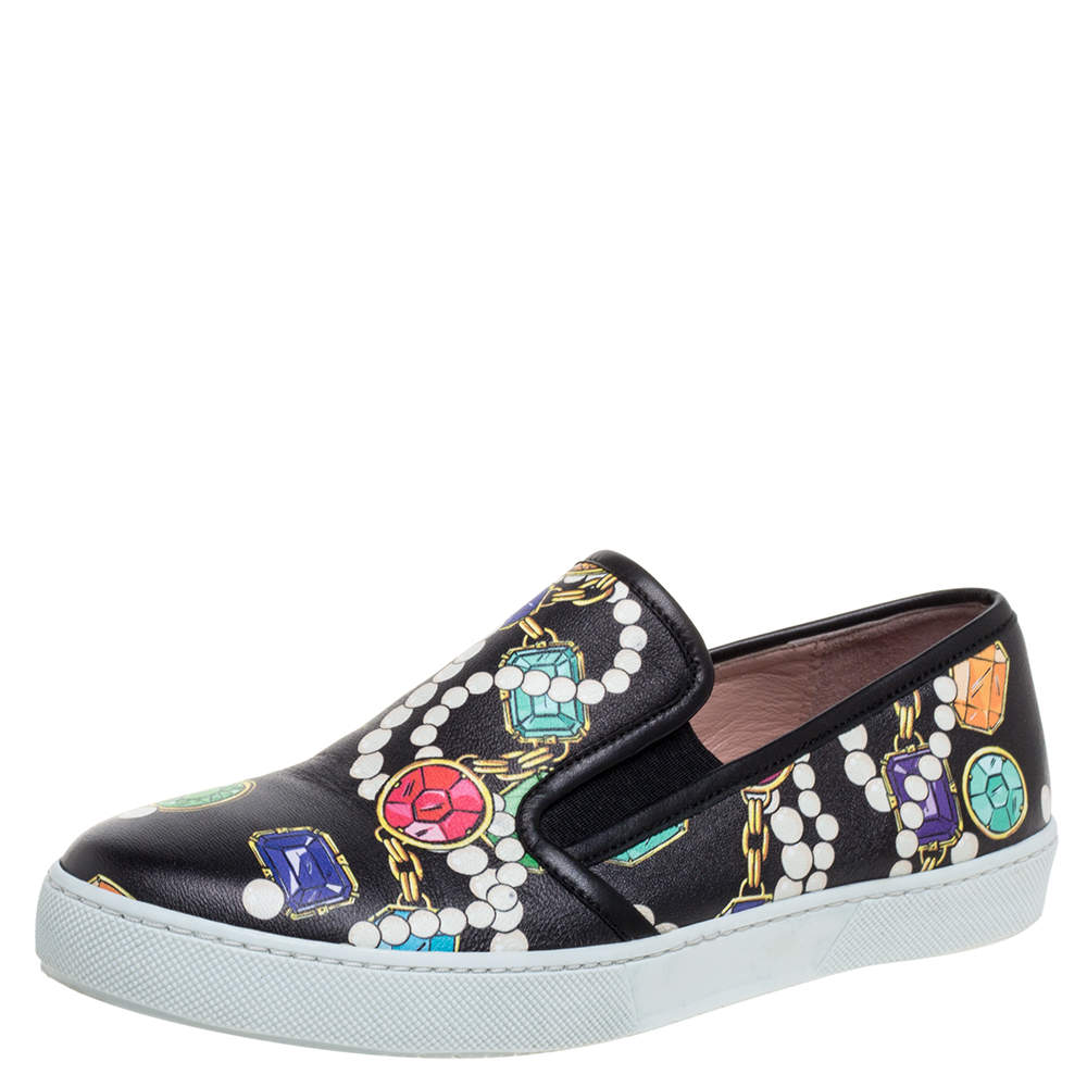 Boutique Moschino Black Crystal Printed Leather Slip-on Sneakers Size 37 