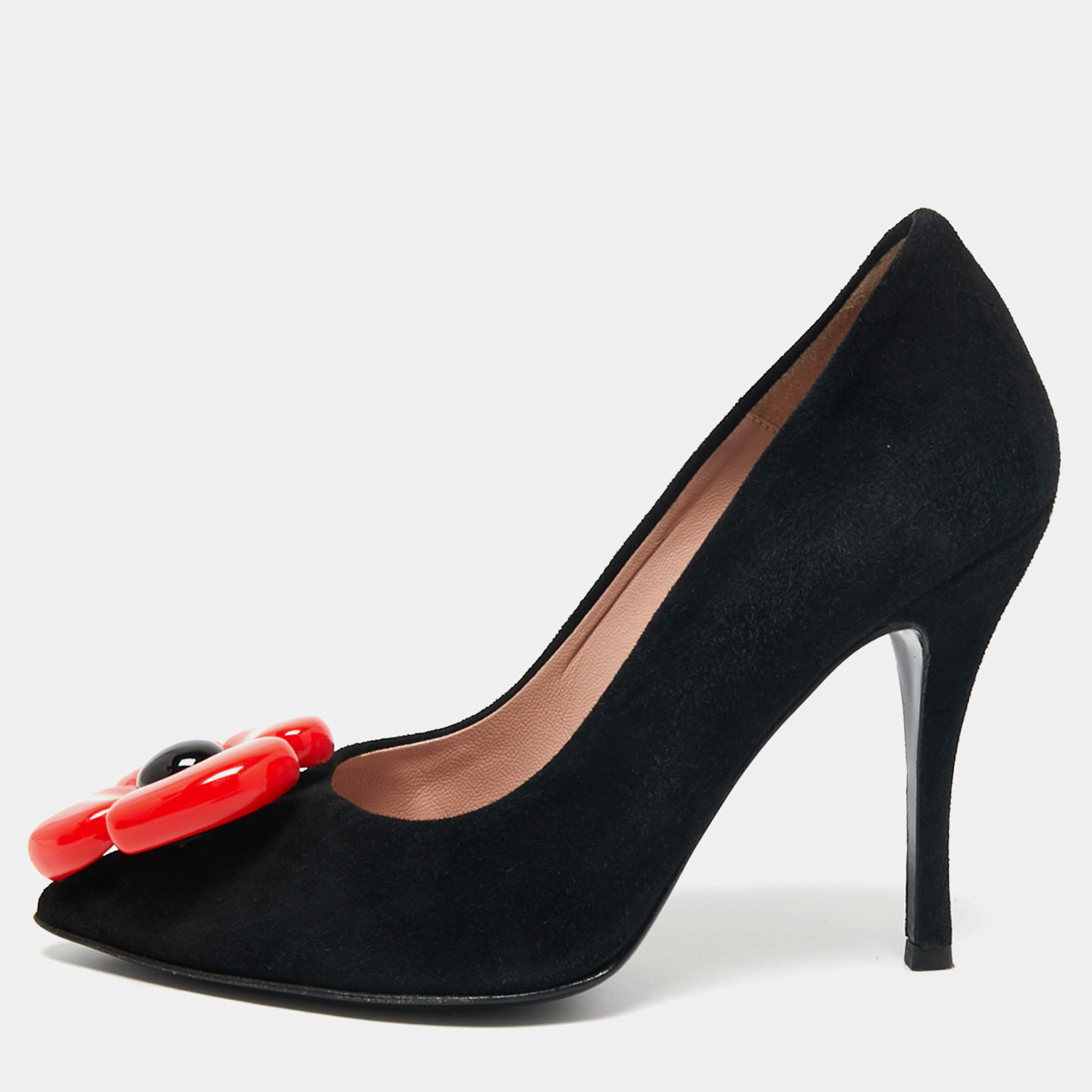 Pre Owned Boutique Moschino Black Suede Flower Pumps Size 38.5