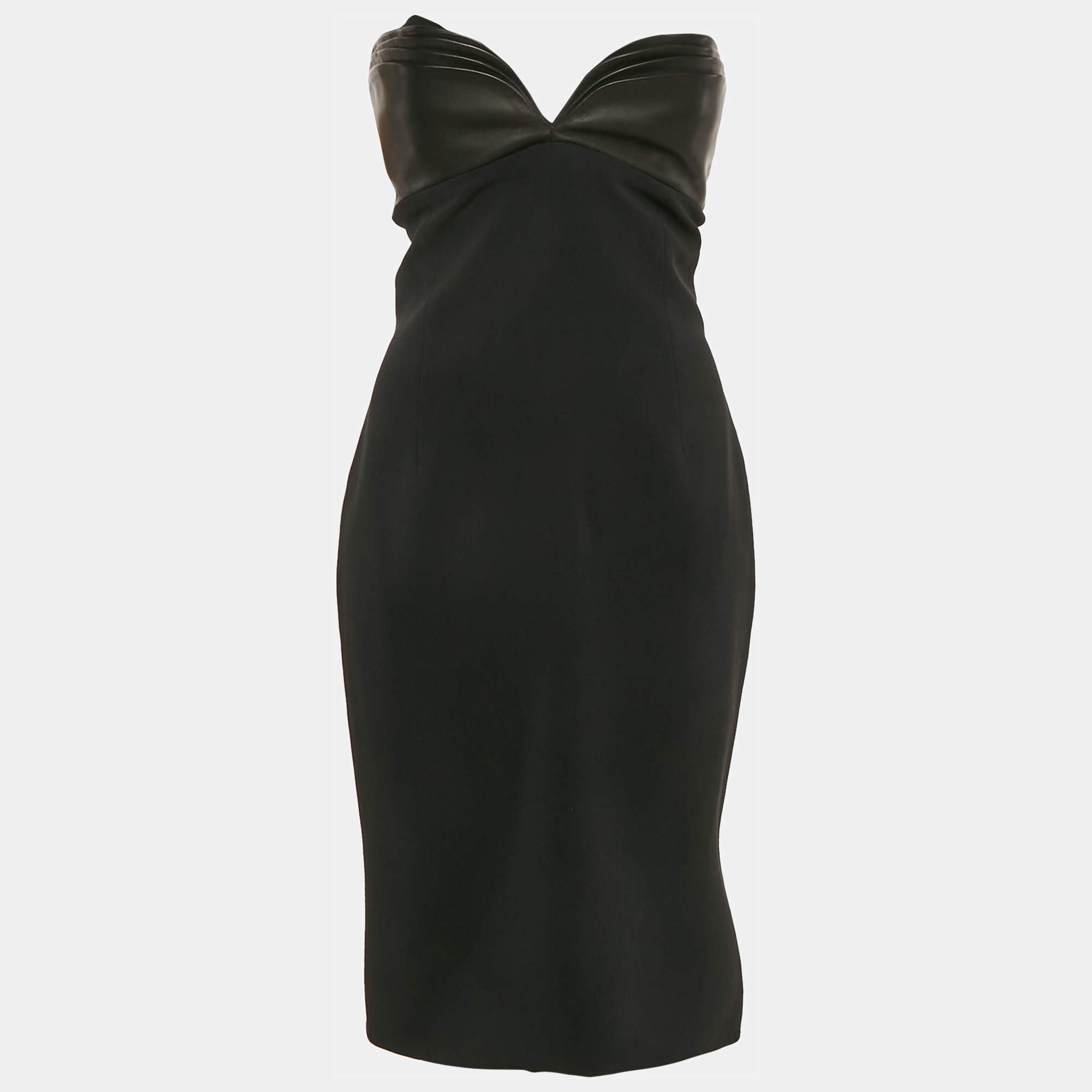 مملوكة مسبقًا Brandon Maxwell Black Crepe Leather Trimmed Strapless Knee-Length Dress M