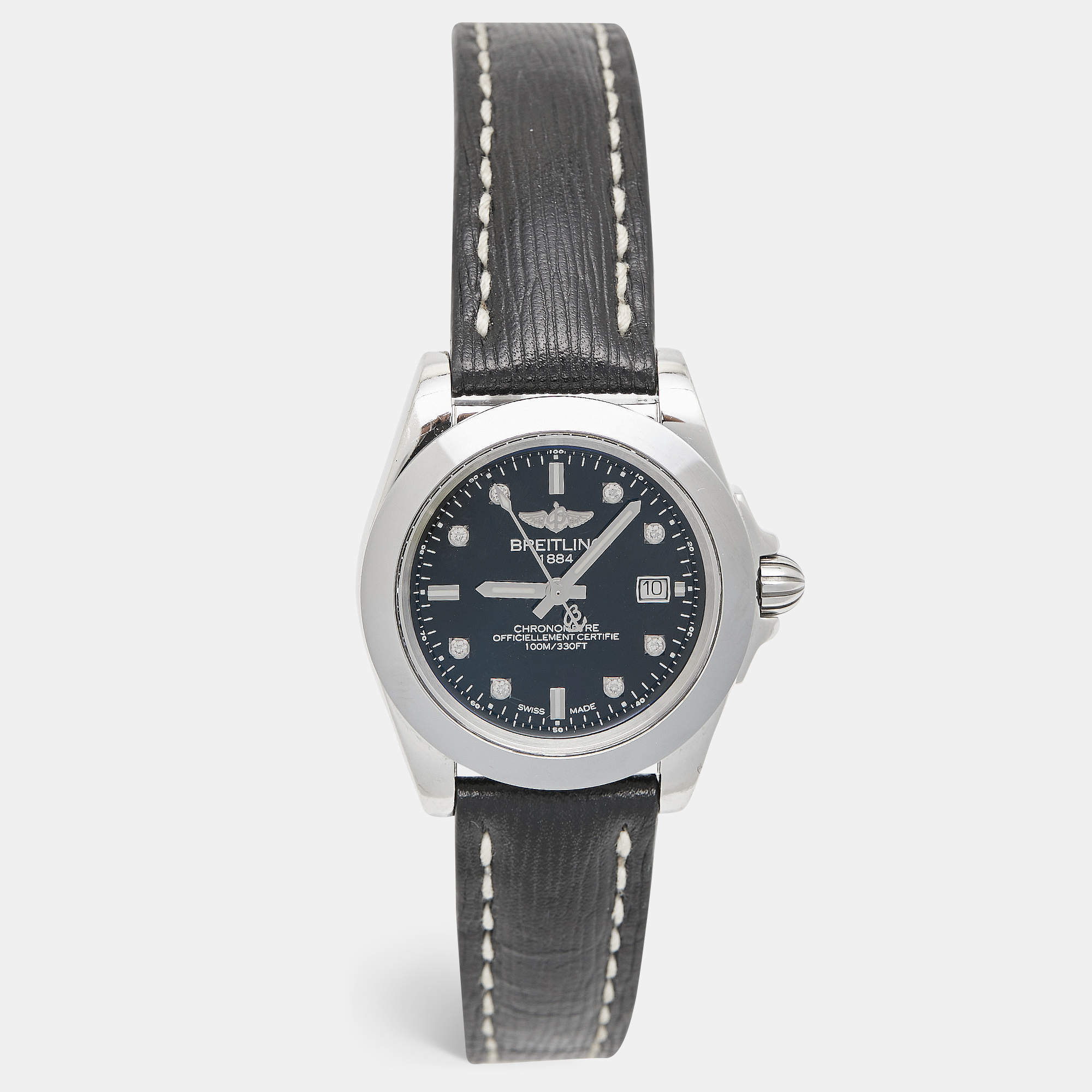 Pre Owned Breitling Black Diamond Stainless Steel Sahara Calfskin Leather Galactic Sleek W7133012/BF63/208X Women's Wristwatch 32 mm