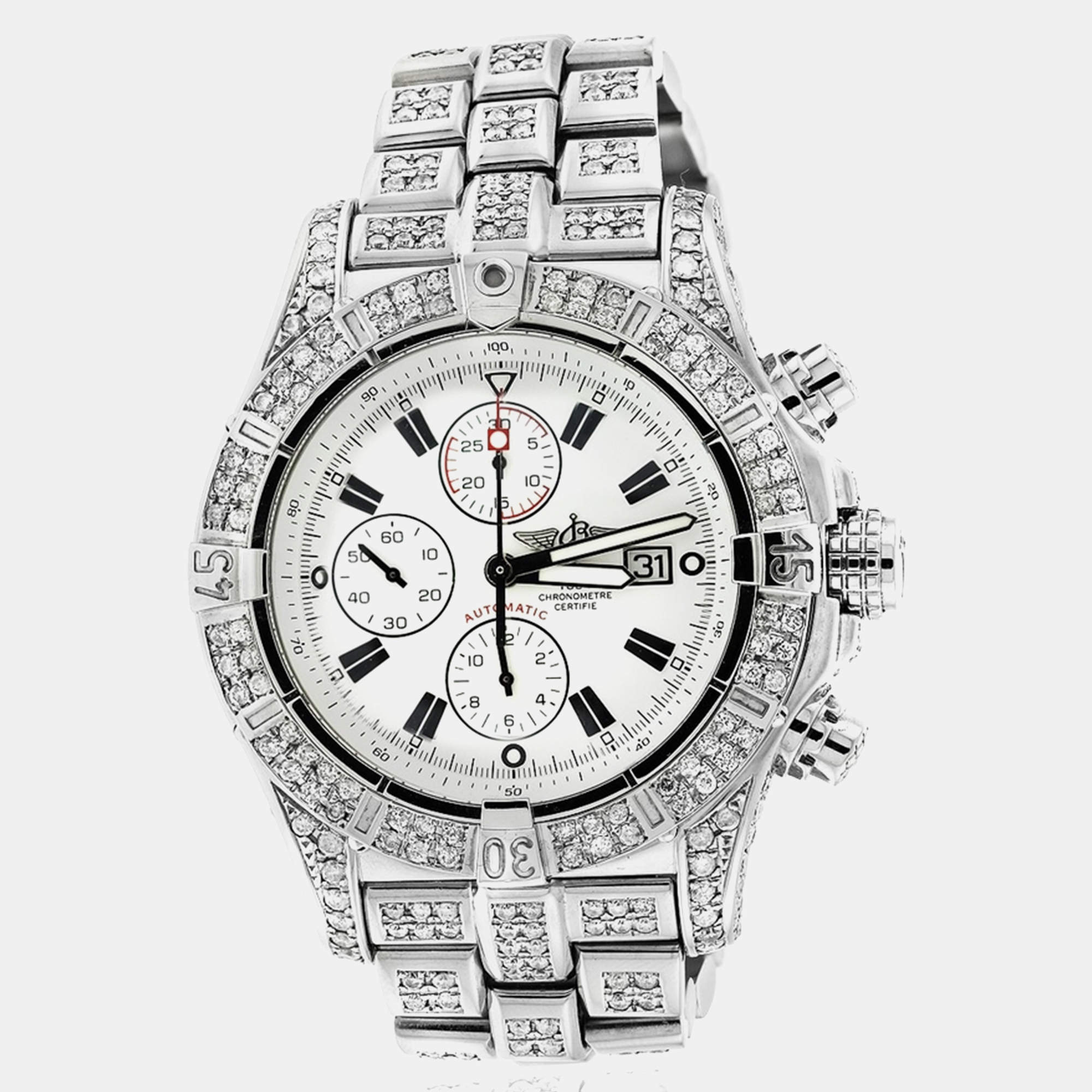 Breitling Customised White 15CT Diamond Stainless Steel Super Avenger A13370 Automatic Men's Wristwatch 48 mm