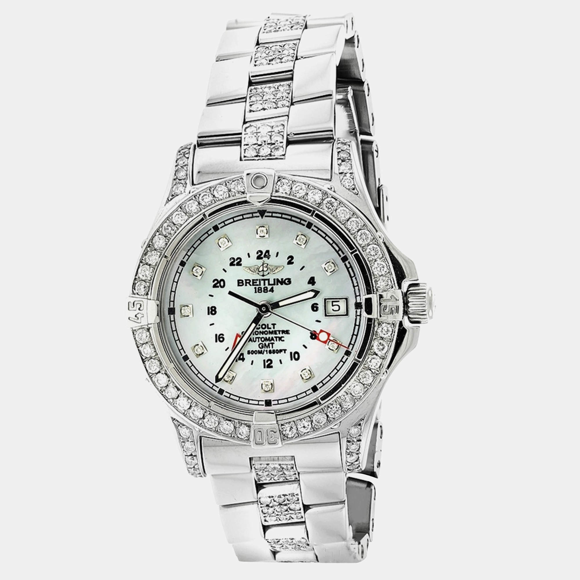 Breitling Customised White MOP Diamond Stainless Steel Colt A32350 Automatic Men's Wristwatch 40mm