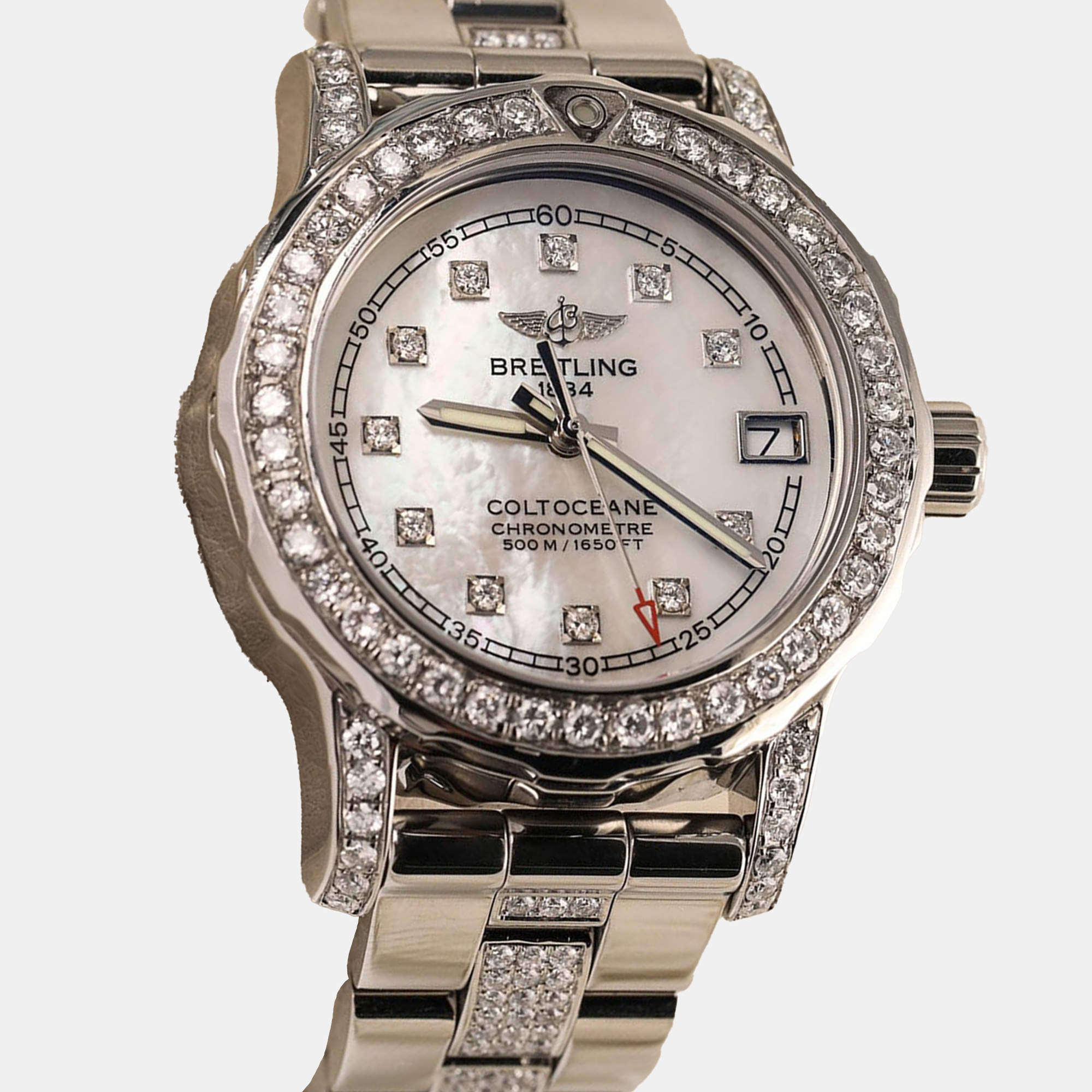 Breitling Customised White MOP 5.0CT Diamond Stainless Steel Colt A77387 Quartz Men's Wristwatch 33mm