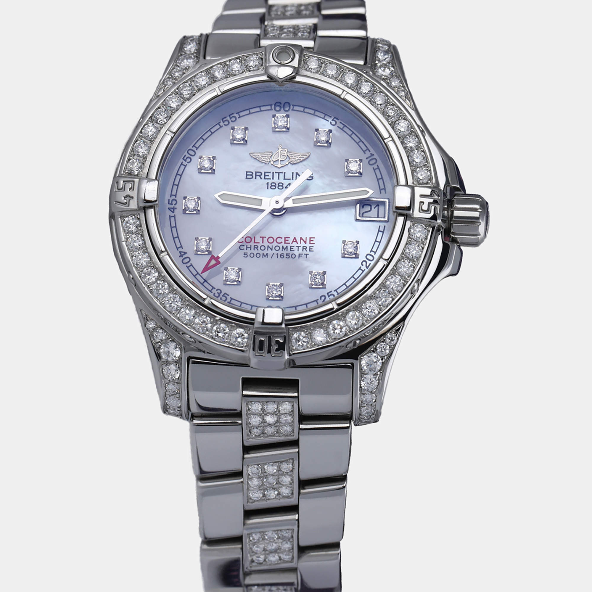 Breitling Customised White MOP 5.0CT Diamond Stainless Steel Colt A77380 Quartz Men's Wristwatch 33mm