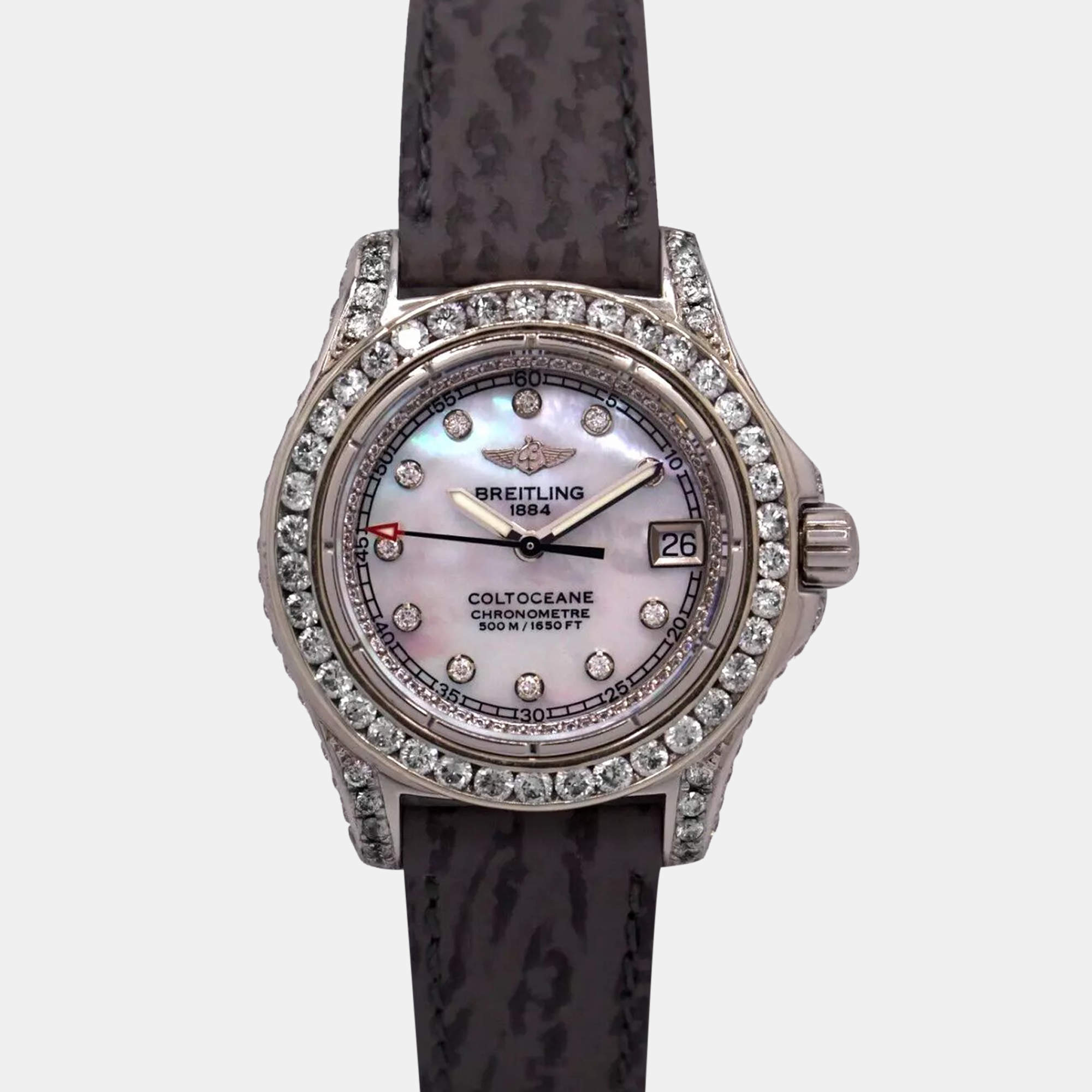 Breitling White MOP Diamond Stainless Steel Colt A77380 Quartz Women's Wristwatch 33 mm