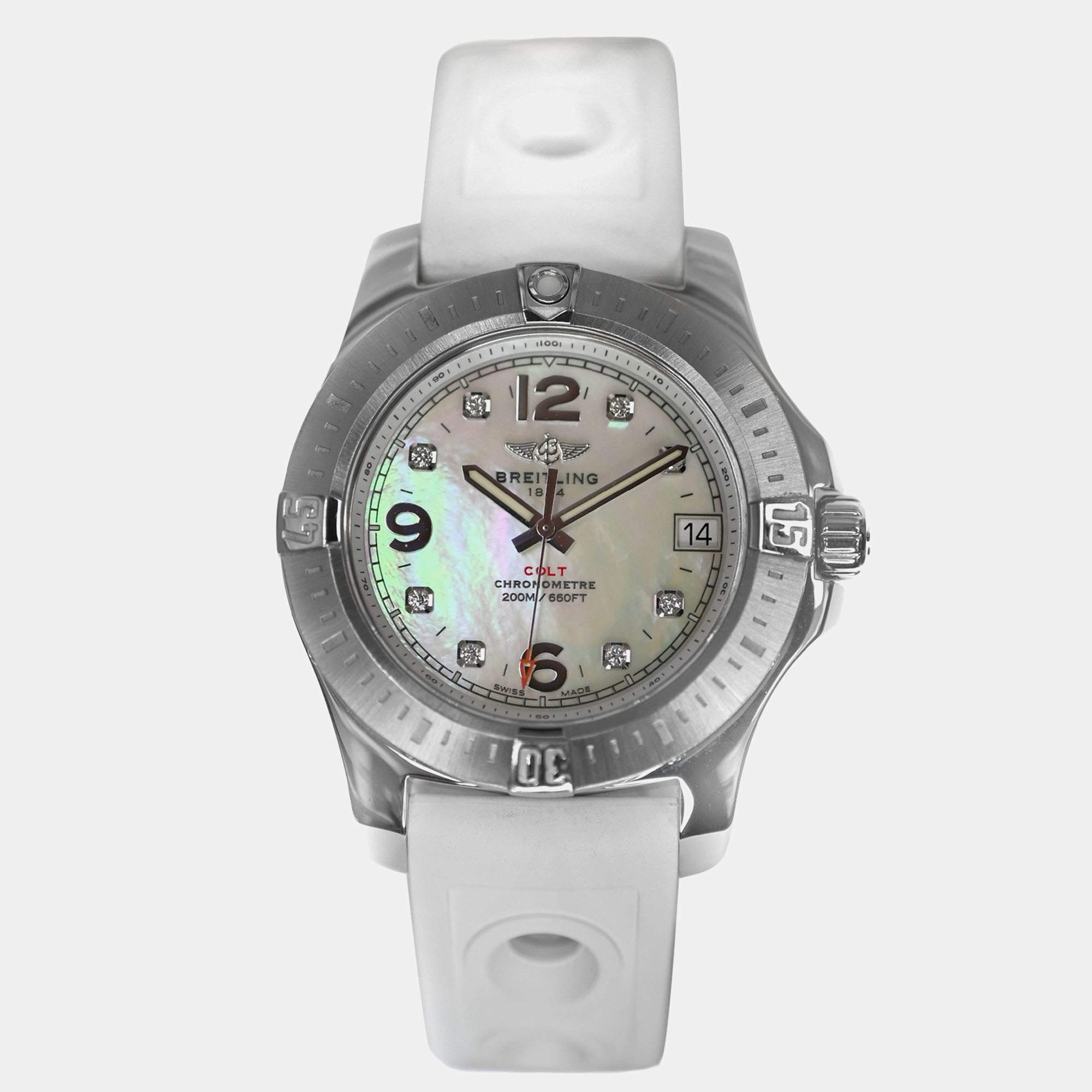 Pre Owned Breitling Colt A74389 Quartz White Diamonds Stainless Steel Women's Wristwatch 36 mm