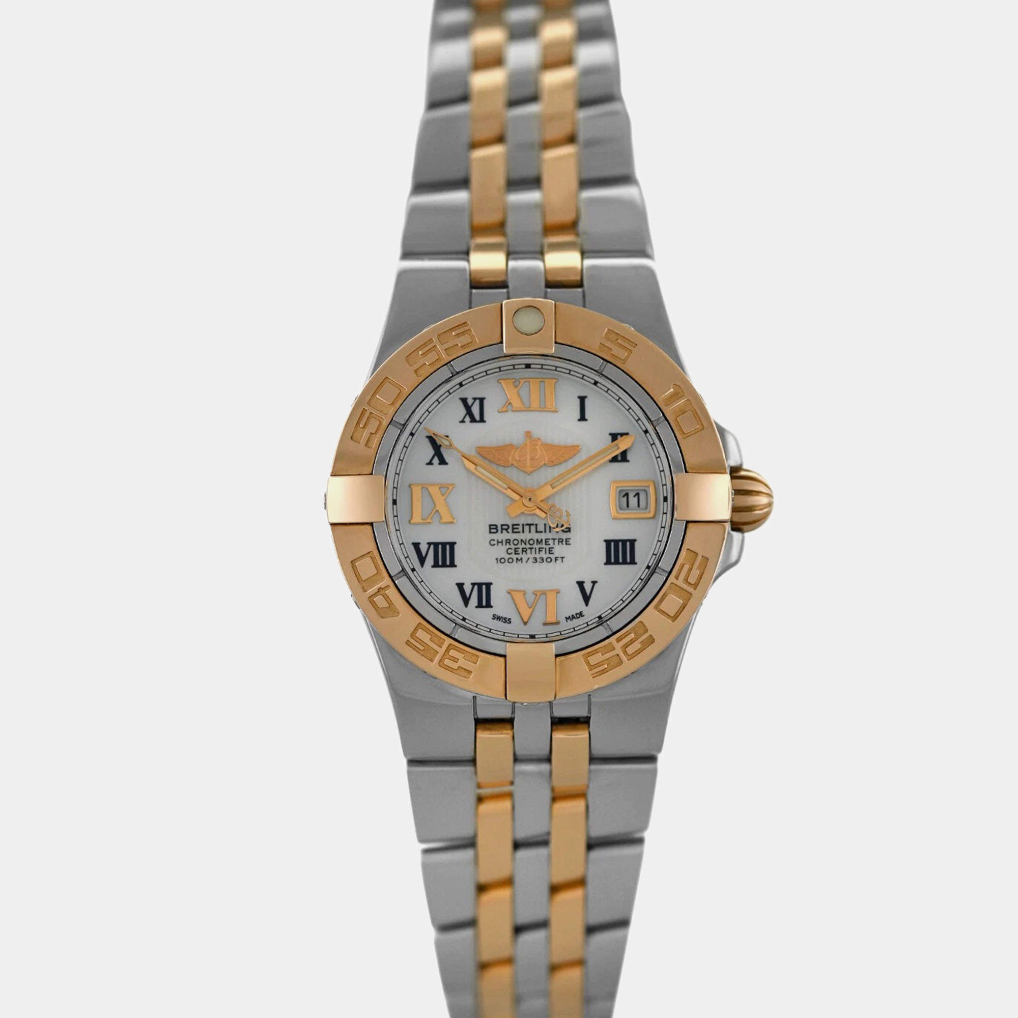 Pre Owned Breitling Galactic 30 C71340 Quartz White Yellow Gold Stainless Steel Women's Wristwatch 30 mm