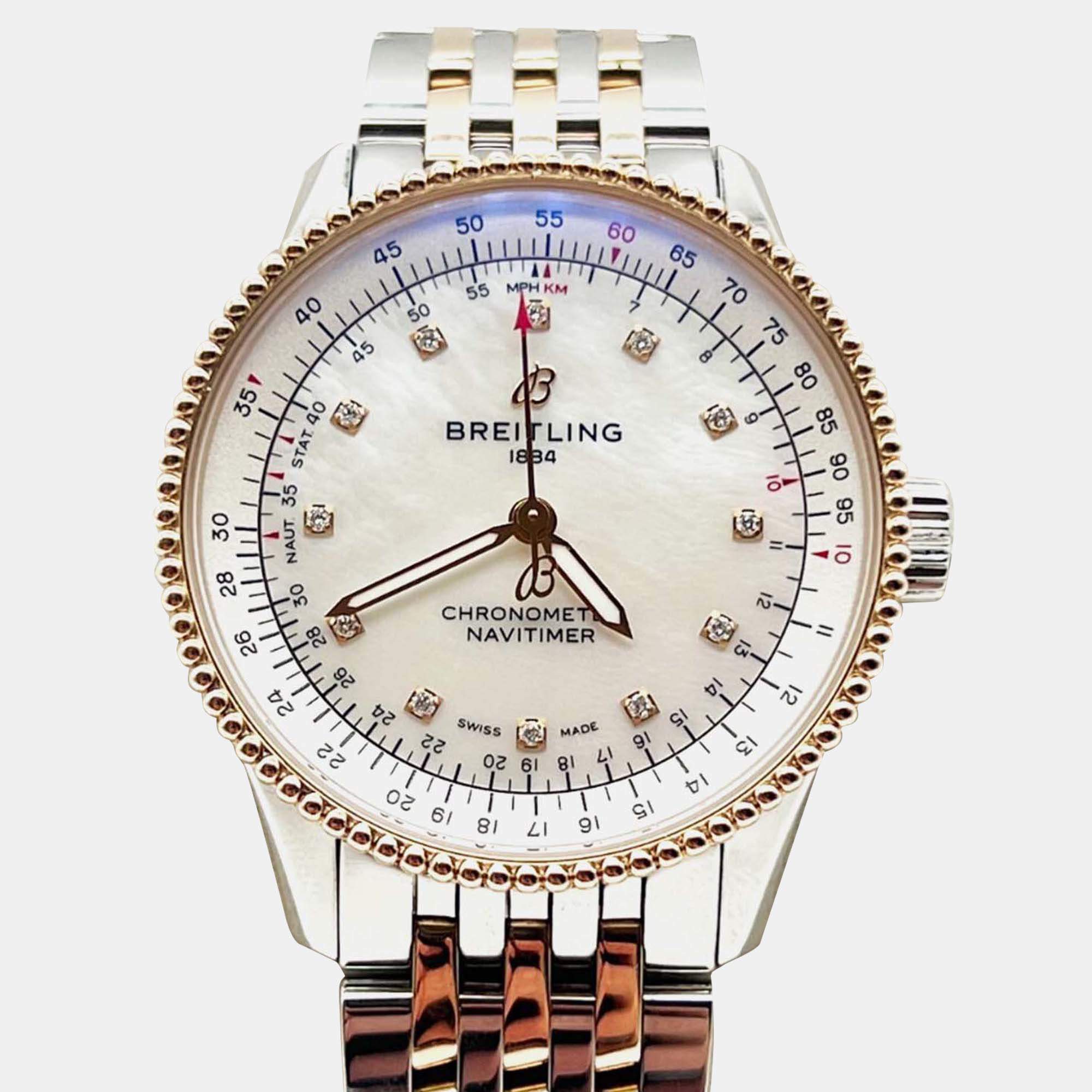 Pre Owned Breitling Navitimer U17395 Automatic White diamonds 18k Rose Gold Stainless Steel Women's Wristwatch 35 mm