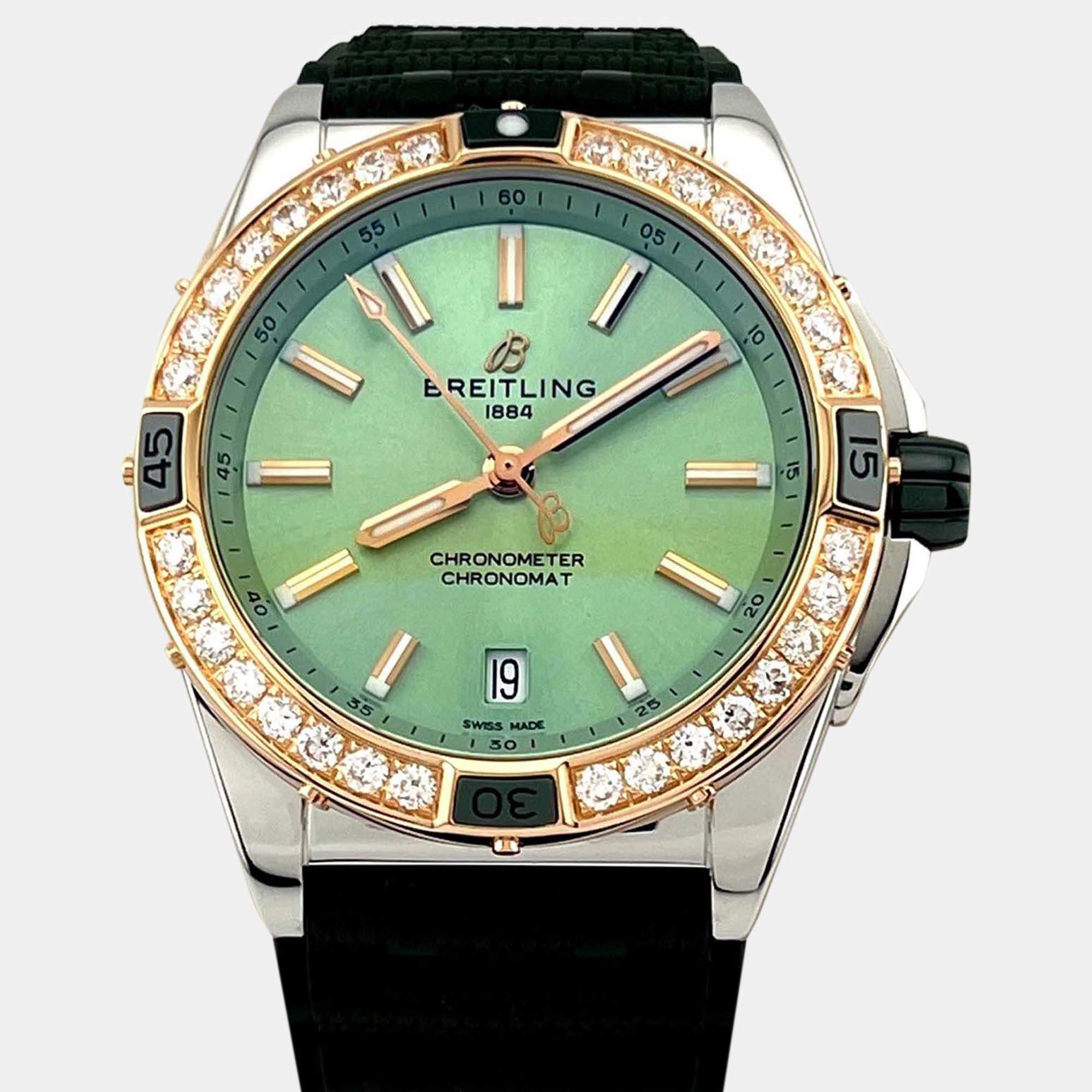 Pre Owned Breitling Super Chronomat U17356 Automatic Green diamonds 18k Rose Gold Stainless Steel Women's Wristwatch 38 mm
