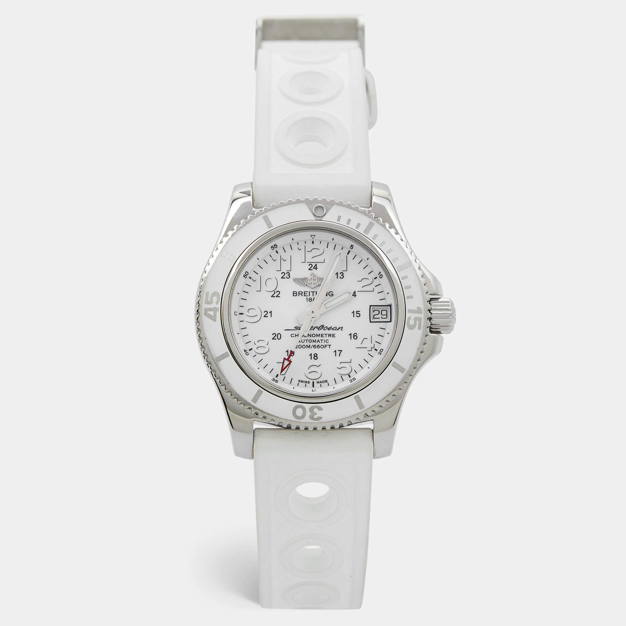 Pre Owned Breitling White Stainless Steel Rubber Superocean II A17312D2 Women's Wristwatch 36 mm