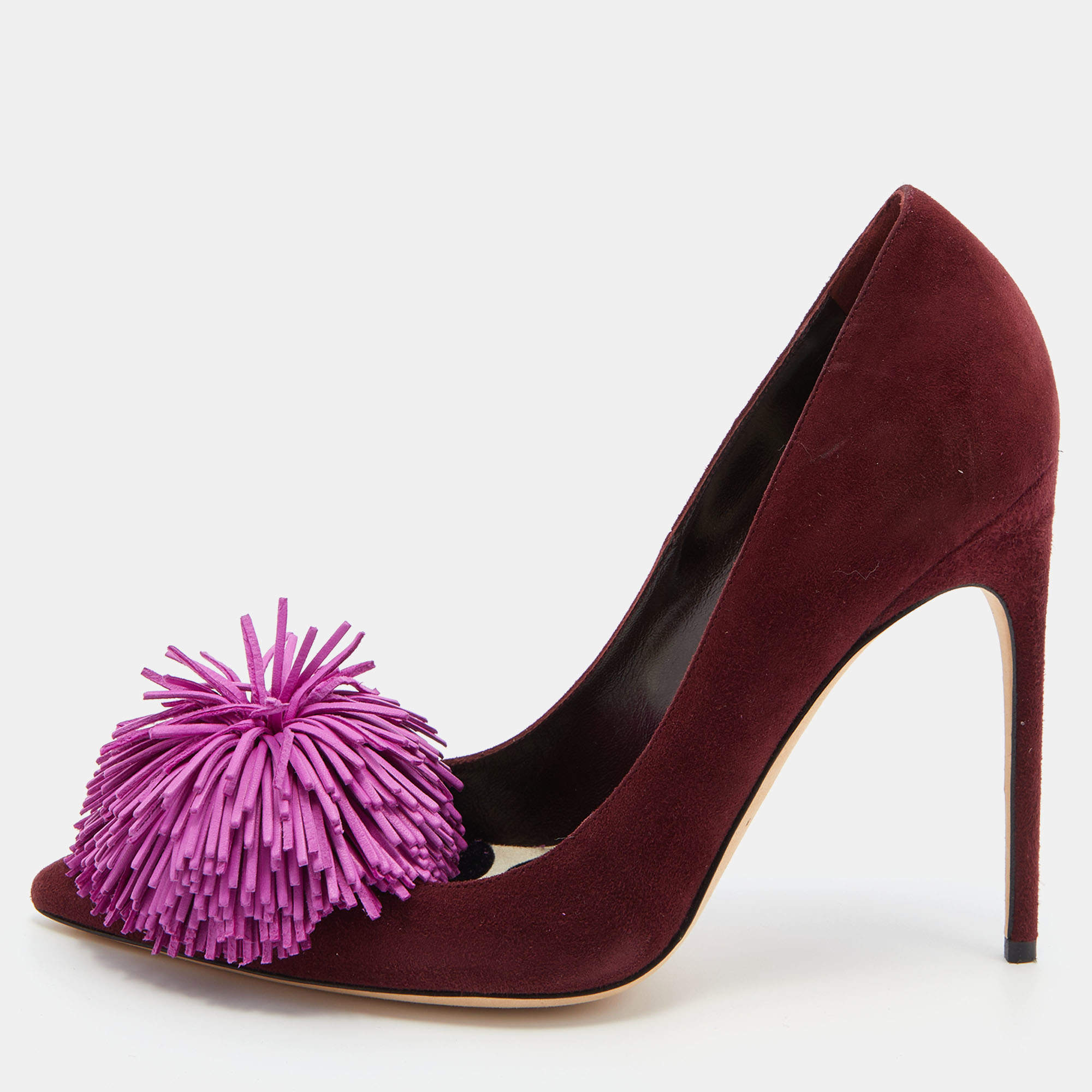 Brian Atwood Burgundy/Pink Suede Fringed Pointed Toe Pumps Size 38