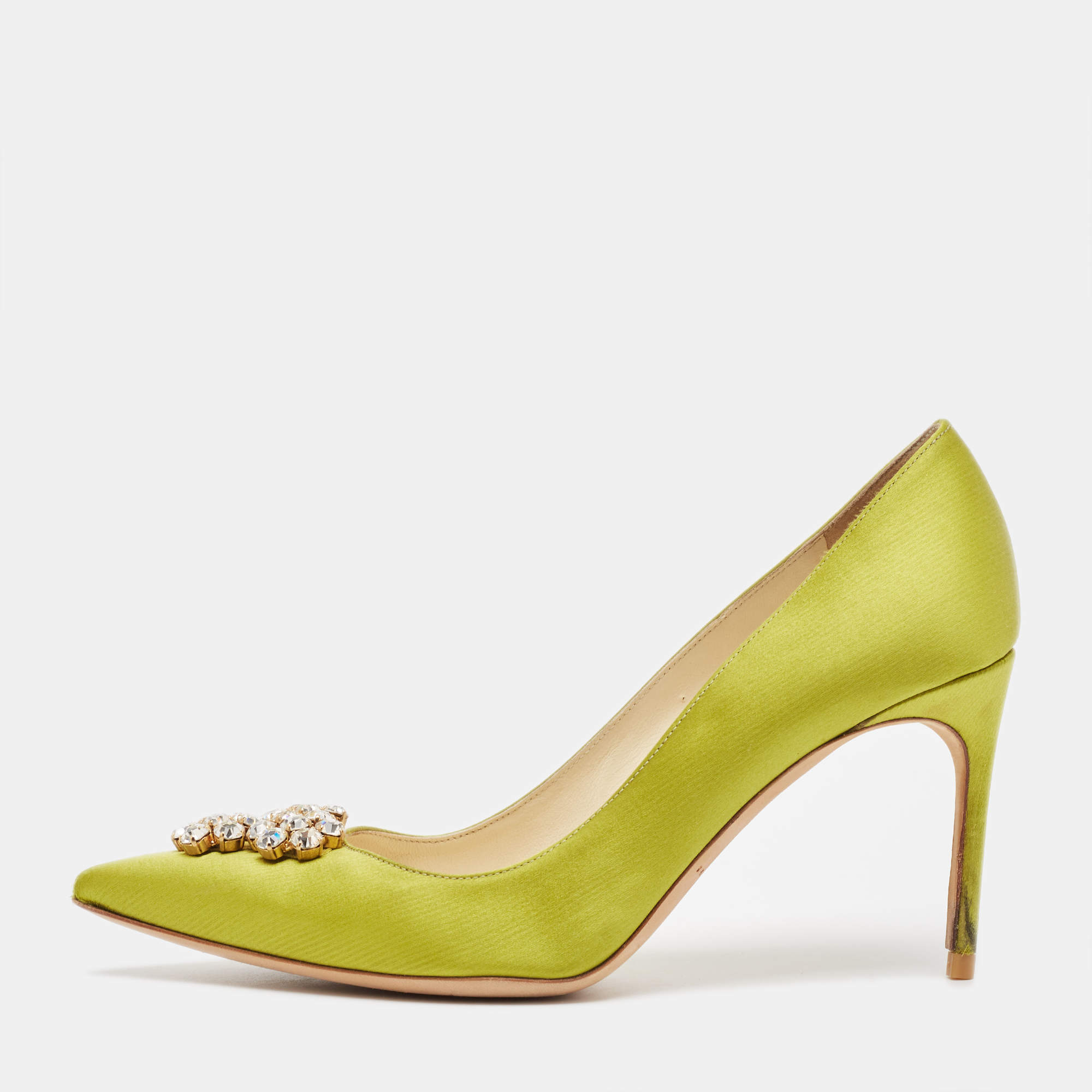 Brian Atwood Green Satin Crystal Embellished Pointed Toe Pumps Size 39.5