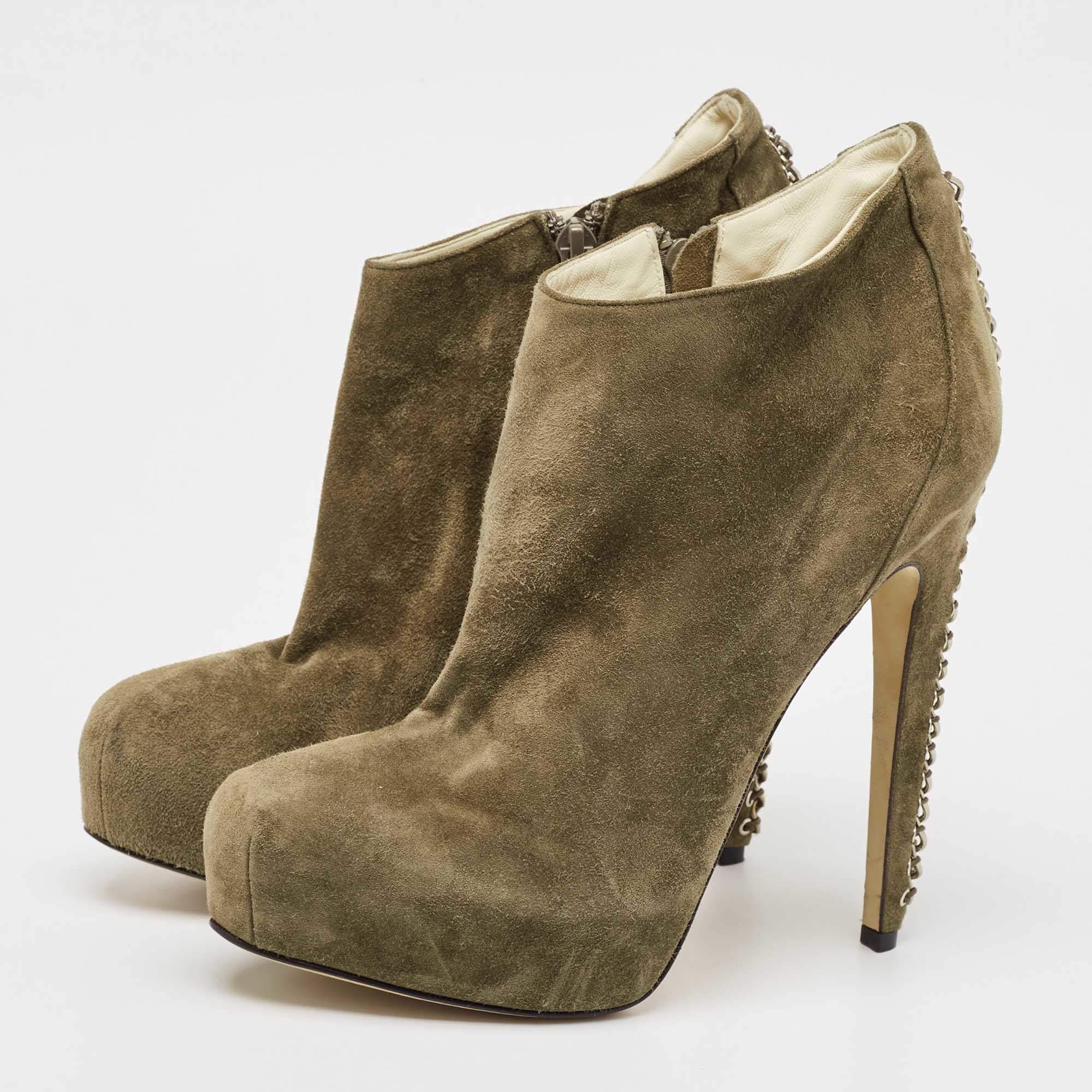 Pre Owned Brian Atwood Olive Green Suede Chain Embellished Booties Size 38.5