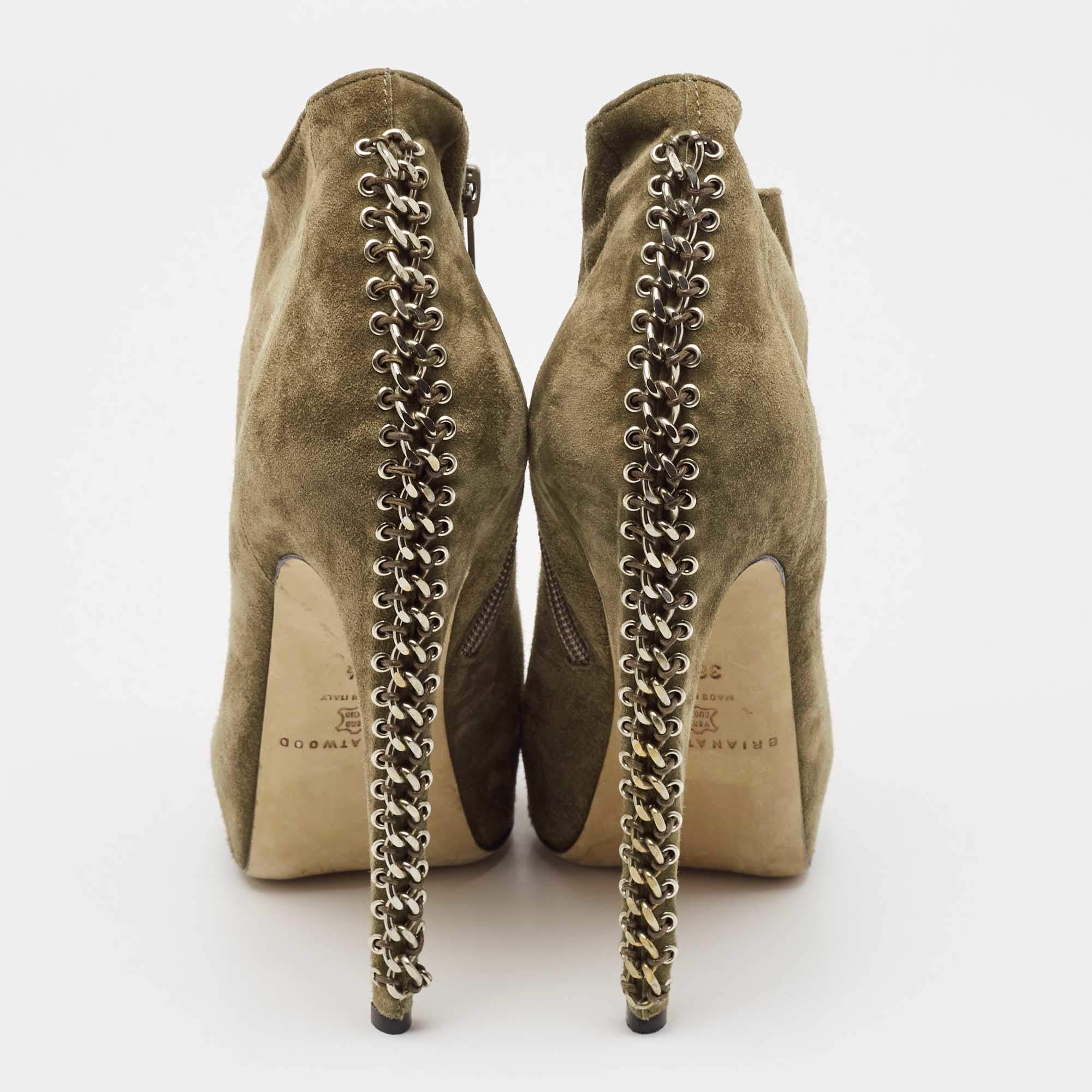Pre Owned Brian Atwood Olive Green Suede Chain Embellished Booties Size 38.5
