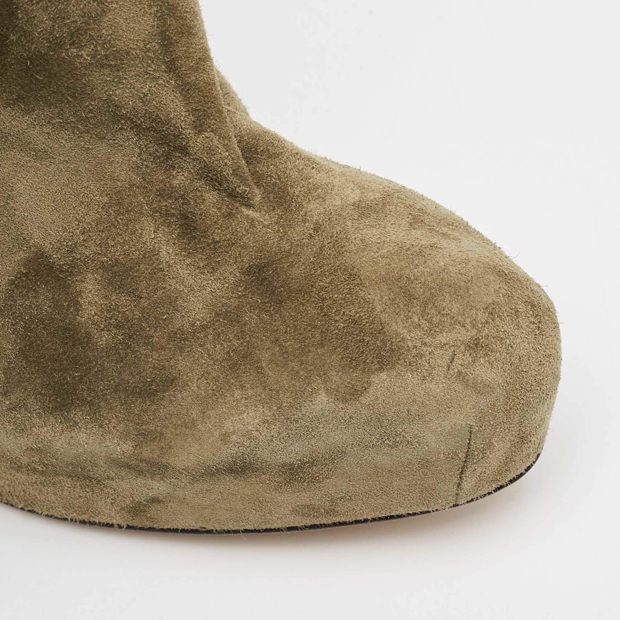 Pre Owned Brian Atwood Olive Green Suede Chain Embellished Booties Size 38.5