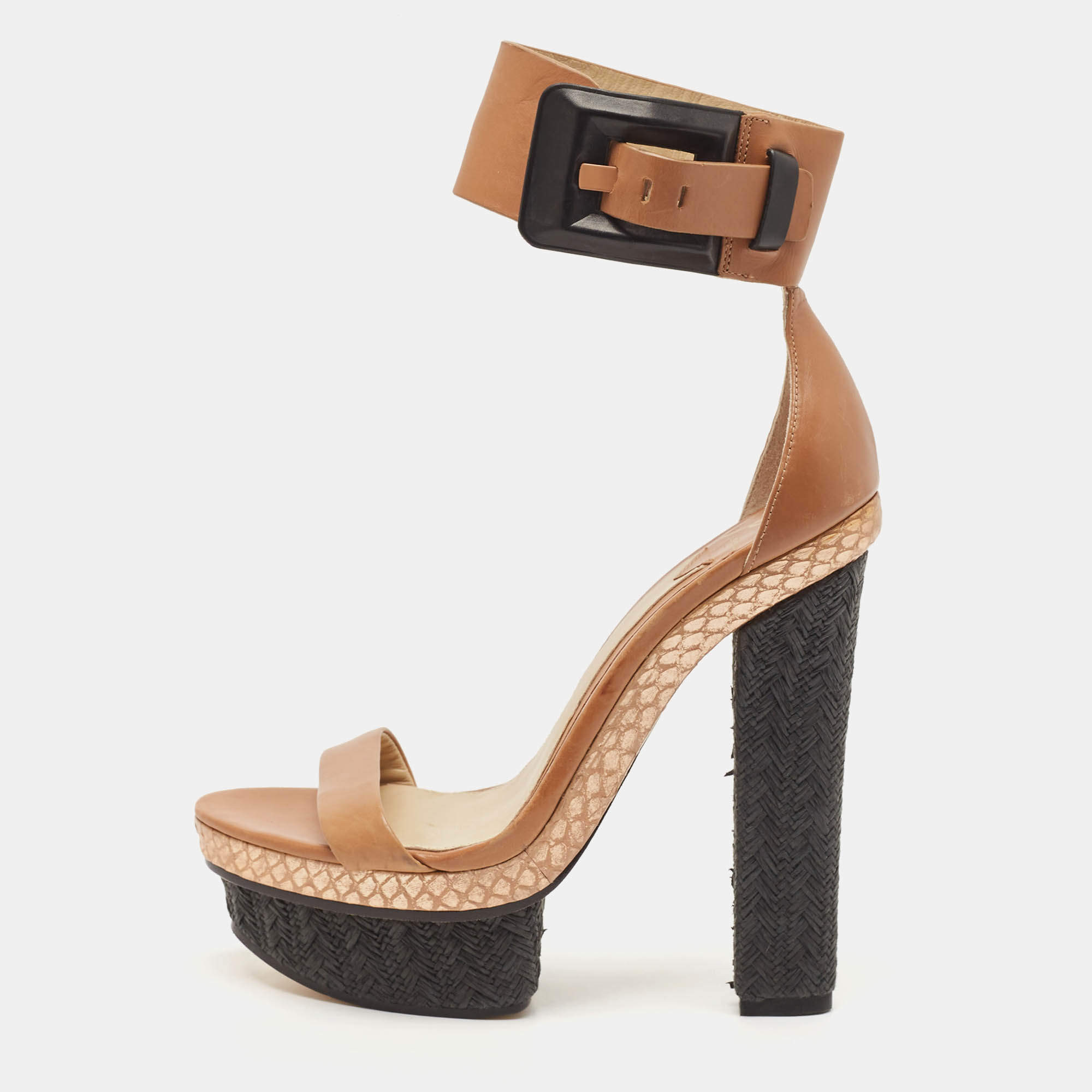 Brian Atwood Brown/Black Snakeskin Embossed and Leather Braganca Ankle Strap Sandals Size 37.5