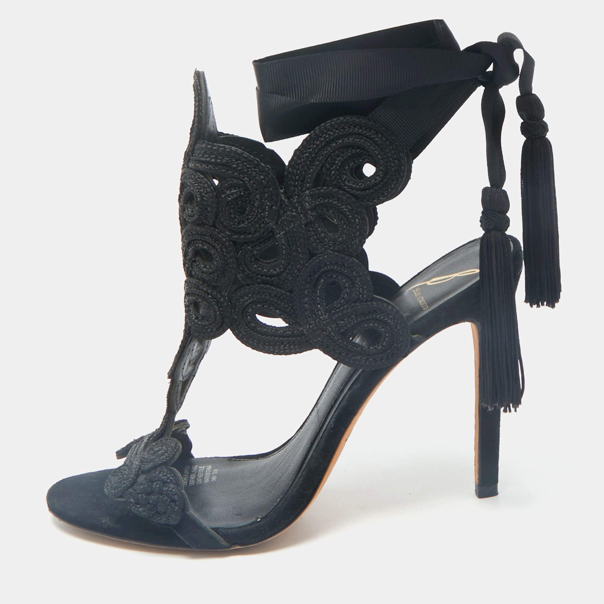 Brian Atwood Black Embroidered Suede Ankle Wrap Sandals Size 37