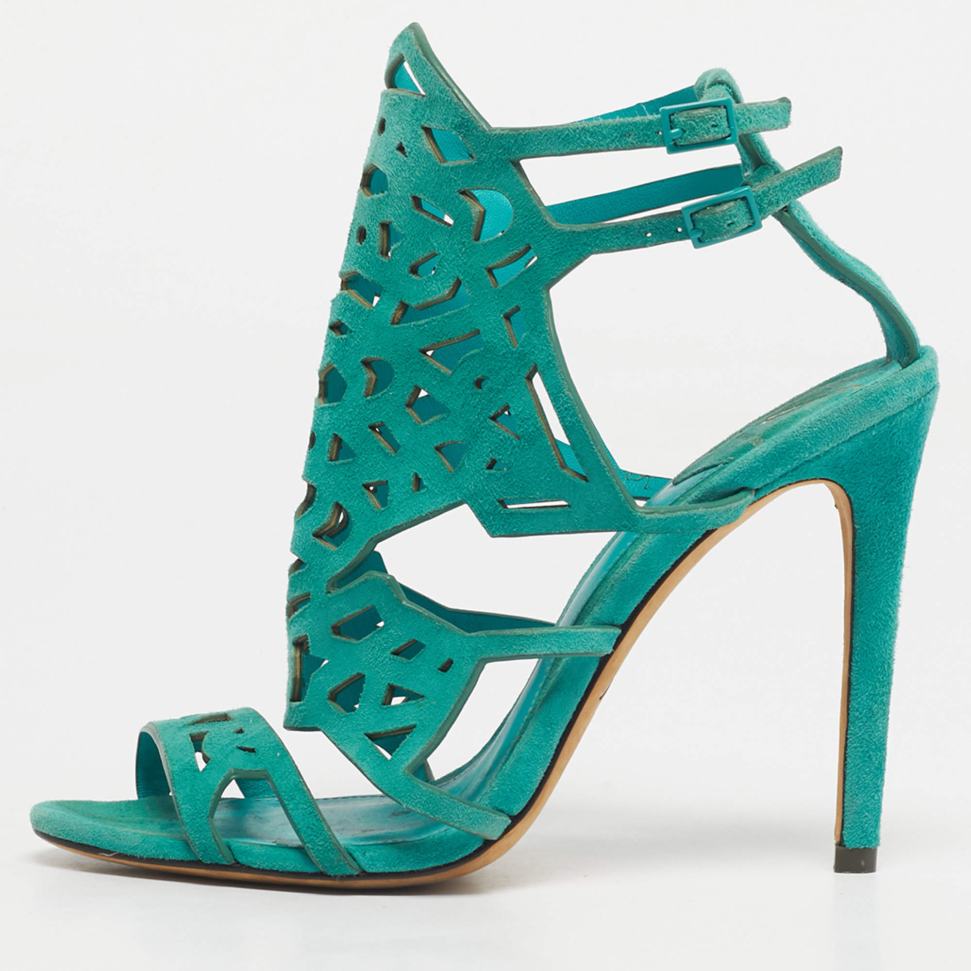 Pre Owned Brian Atwood Green Suede Laplata Laser Cut Sandals Size 39.5