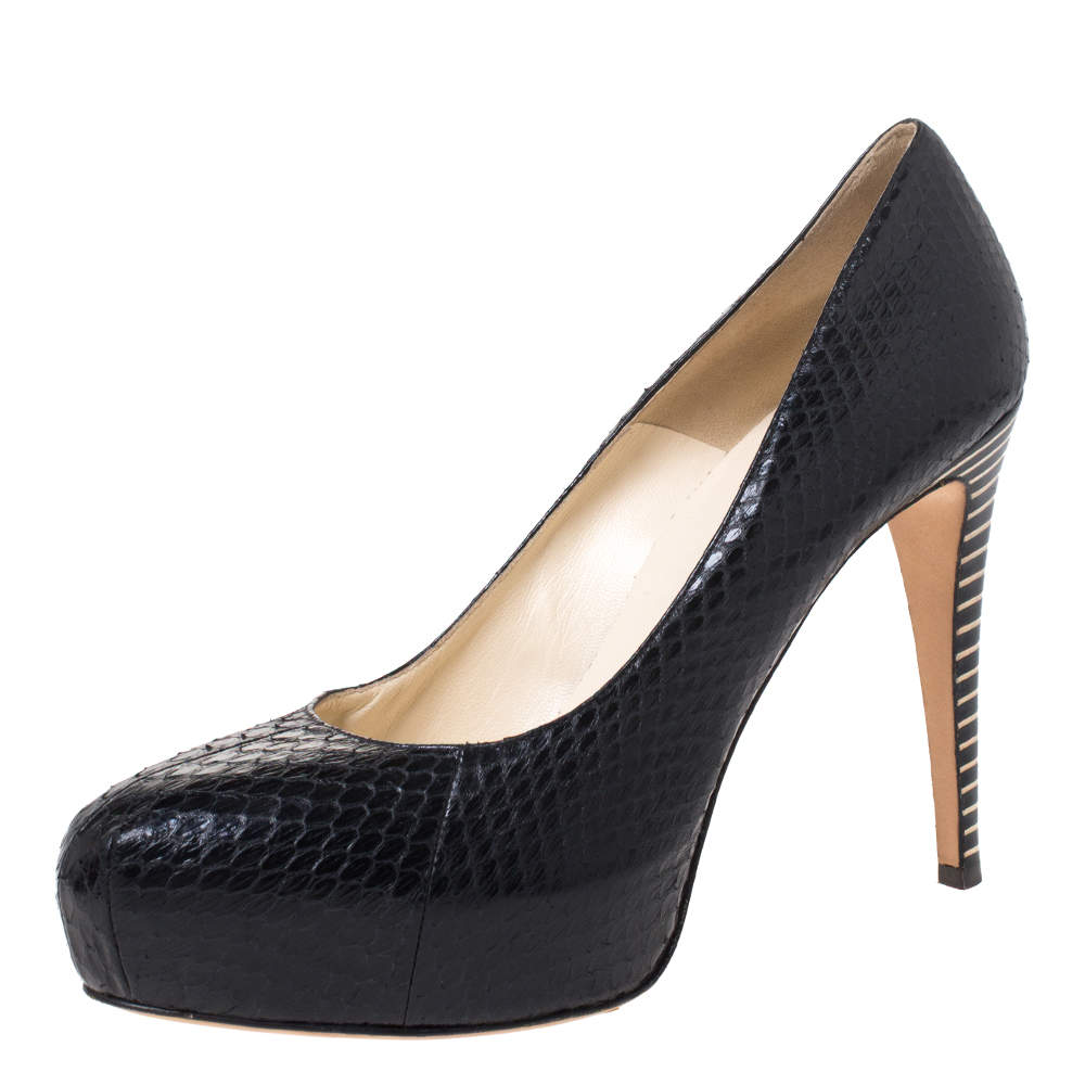 Brian Atwood Black Python Embossed Leather Platform Pumps Size 40