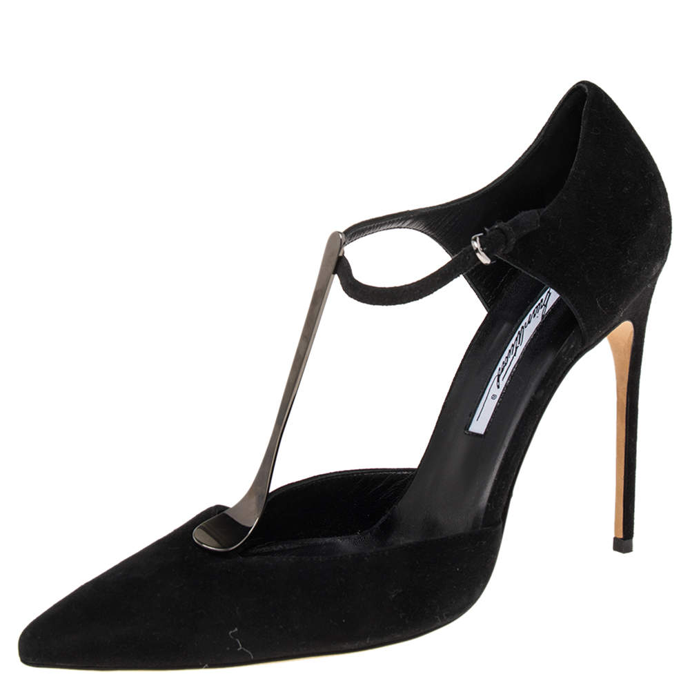 Brian Atwood Black Suede Metal T-Strap Pointe Toe Sandal Size 40