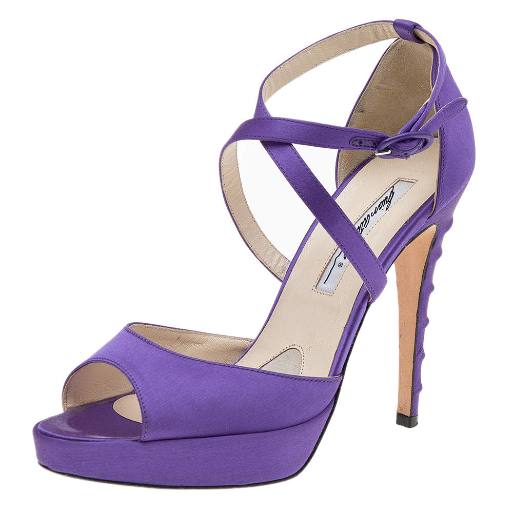 Brian Atwood Purple Satin Platform Ankle Strap Sandals Size 38.5