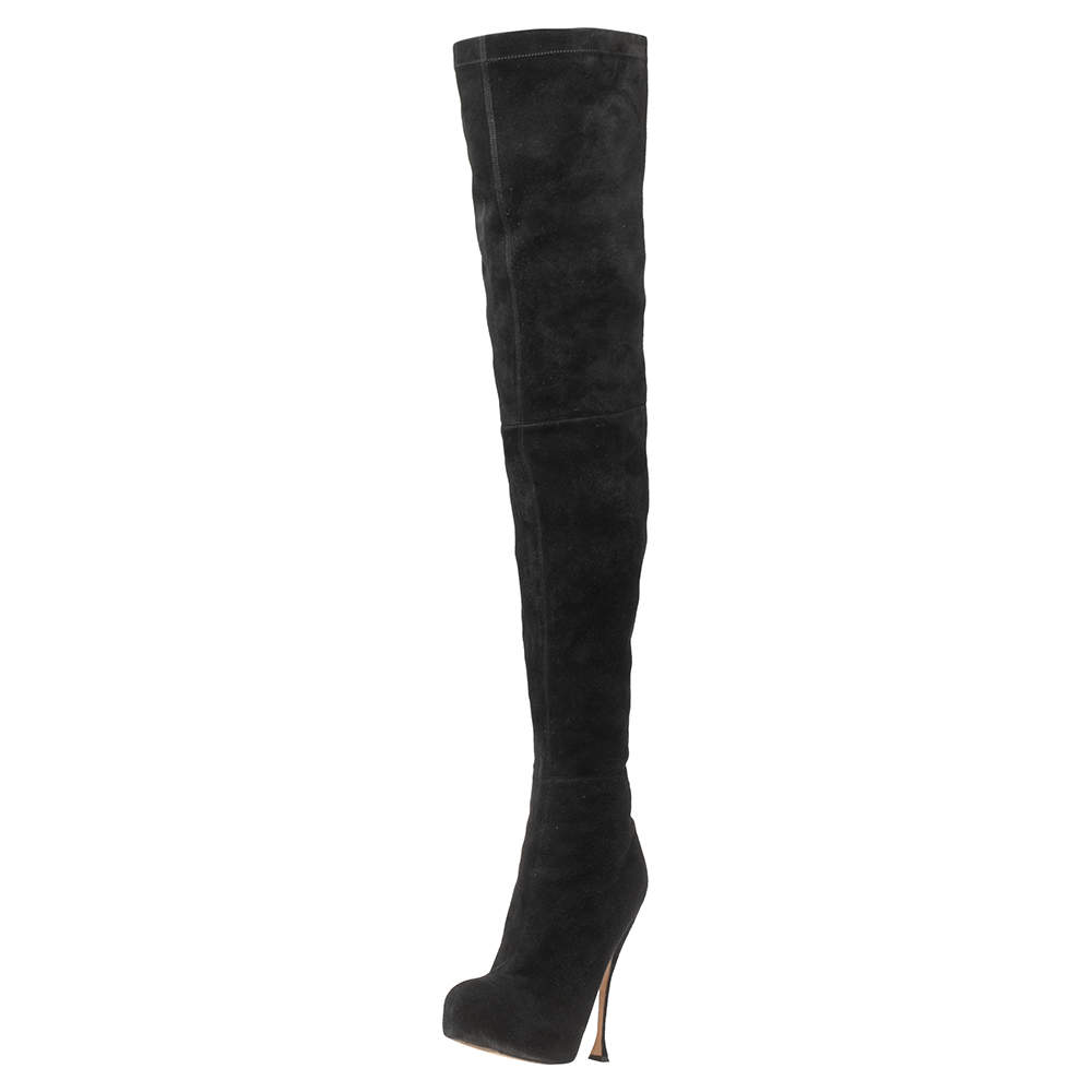 Pre Owned Brian Atwood Black Suede Knee Length Boots Size 37.5