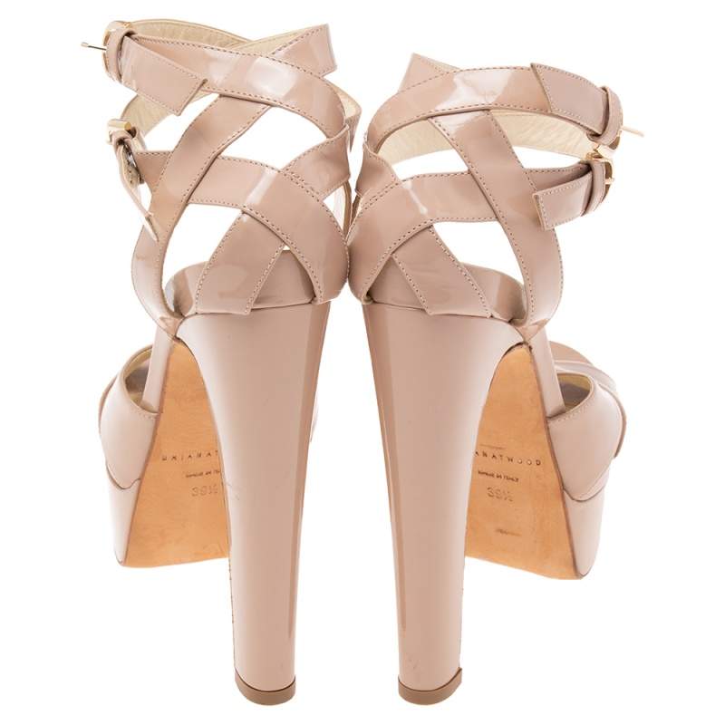 Pre Owned Brian Atwood Beige Patent Leather Platform Ankle Strap Sandals Size 39.5