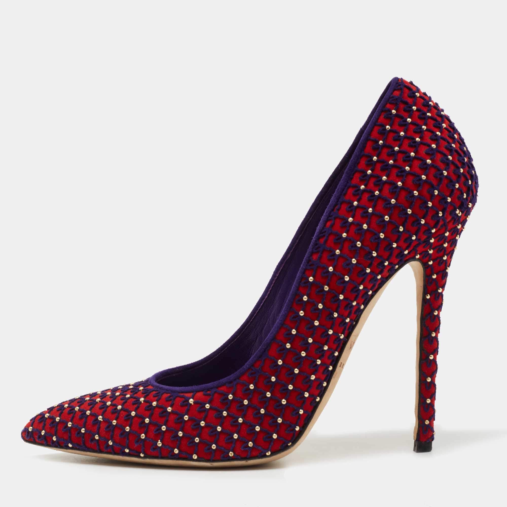 Brian Atwood Red/Blue Suede Embroidered and Studded Pumps Size 39