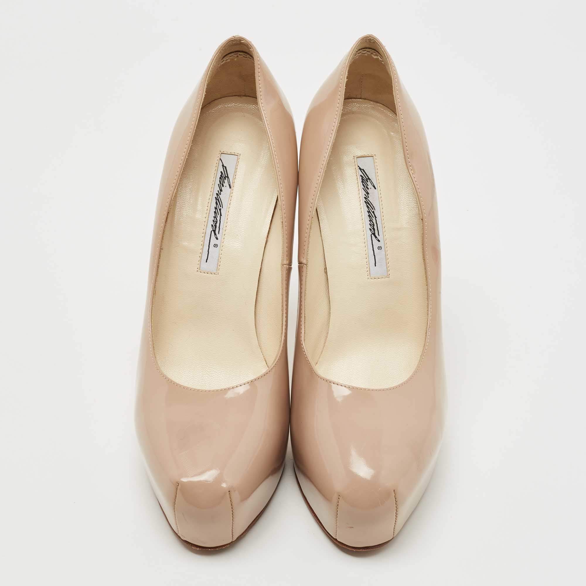 Pre Owned Brian Atwood Beige Patent Leather Platform Pumps Size 39.5