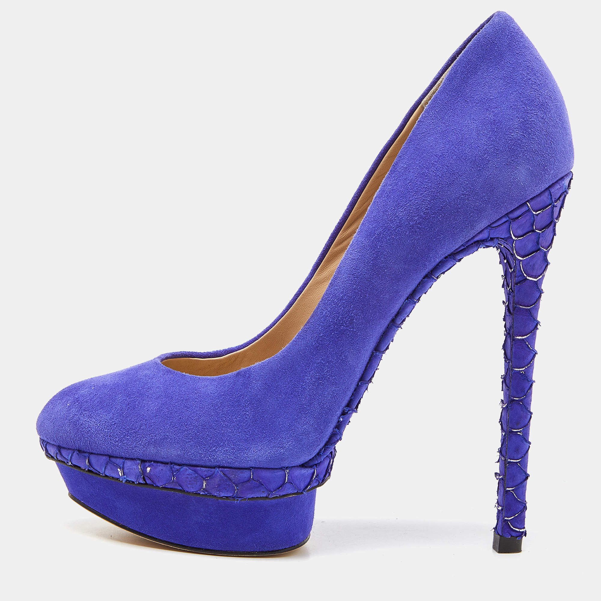 Brian Atwood Blue Suede and Snakeskin Embossed Leather Platform Pumps Size 37