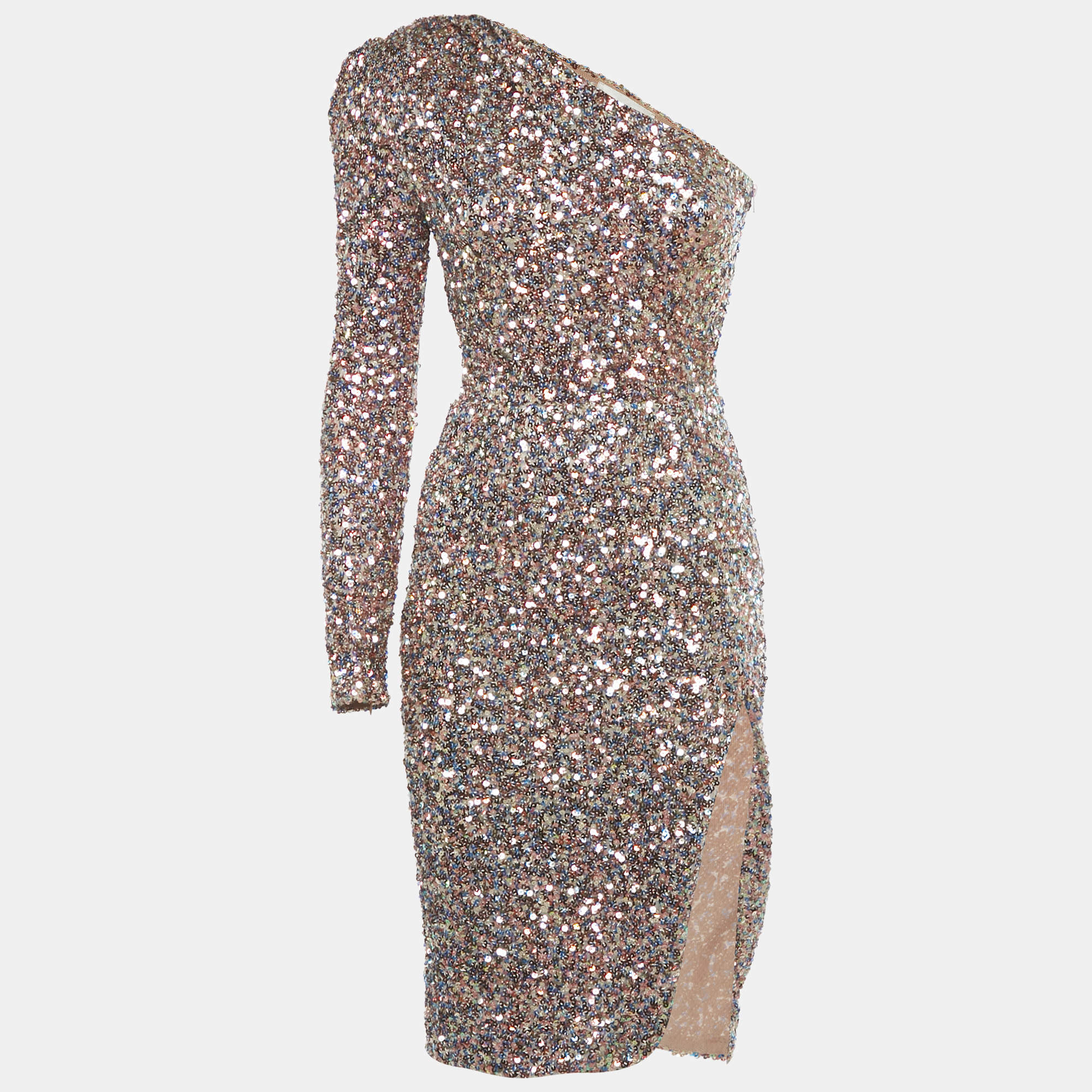 Pre Owned Bronx & Banco Multicolor Sequin Asymmetric Galaxy Midi Dress XS