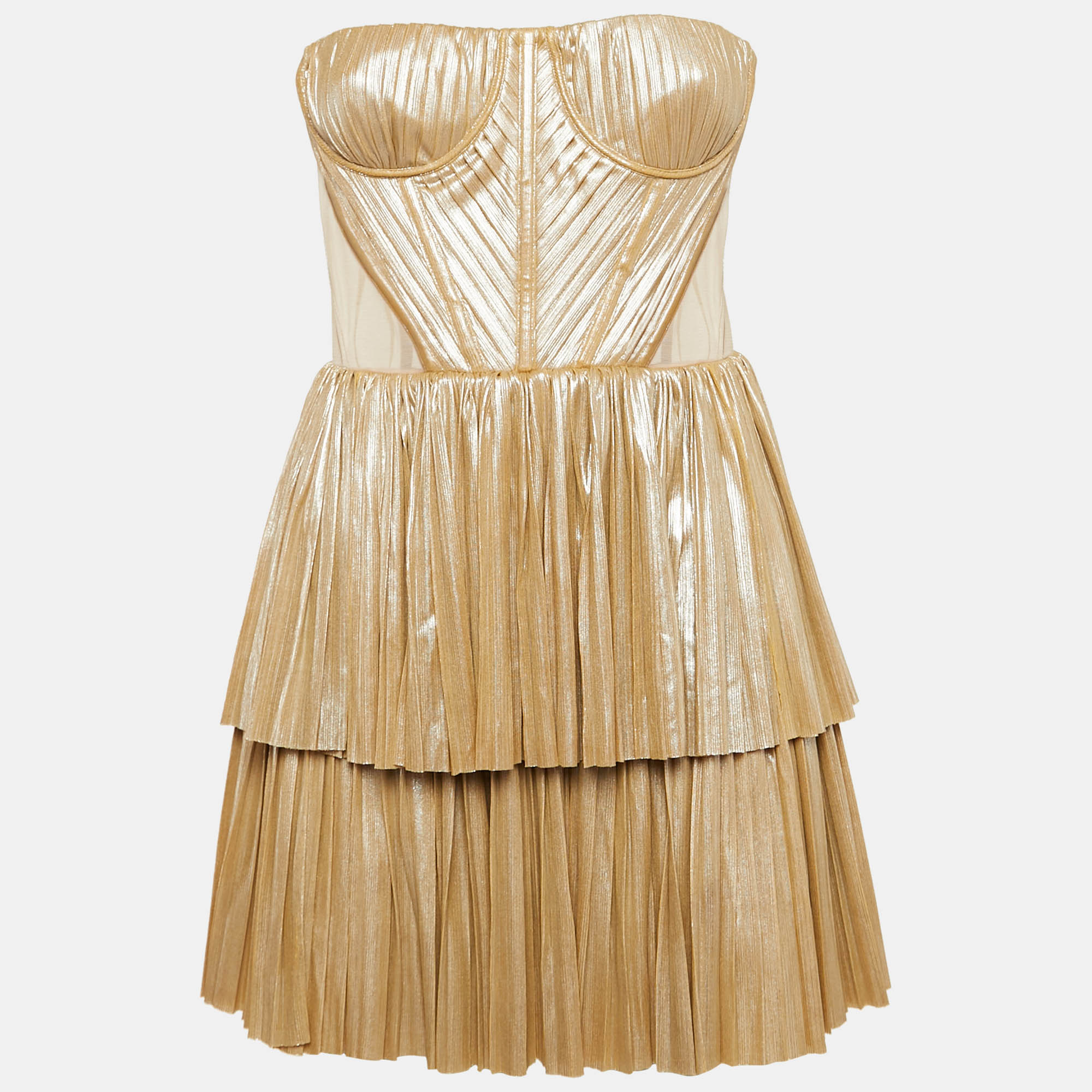 Bronx & Banco Beige Metallic Jersey and Tulle Florence Strapless Mini Dress S