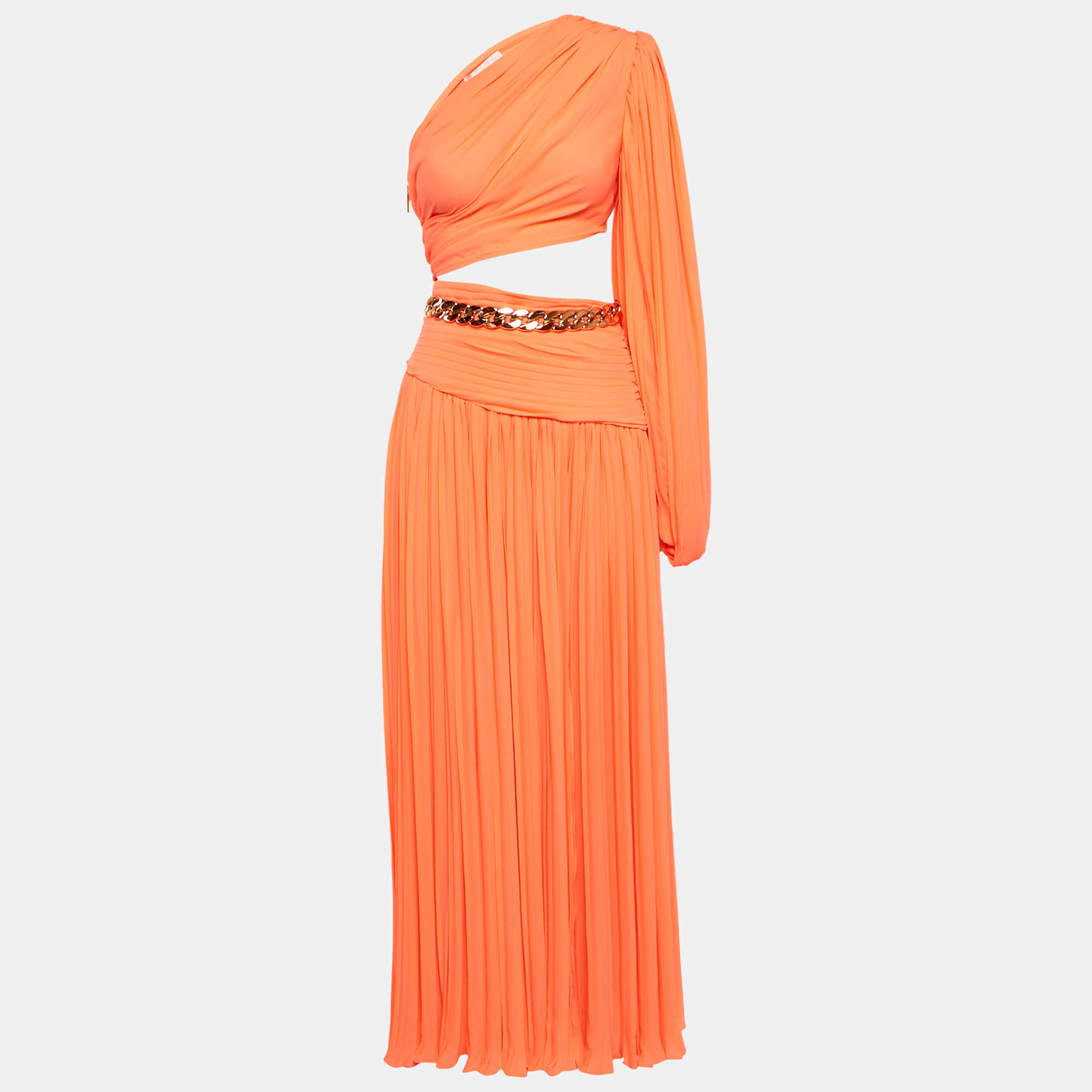 Pre Owned Bronx & Banco Orange Crepe Pleated One Shoulder Jafari Gown XS