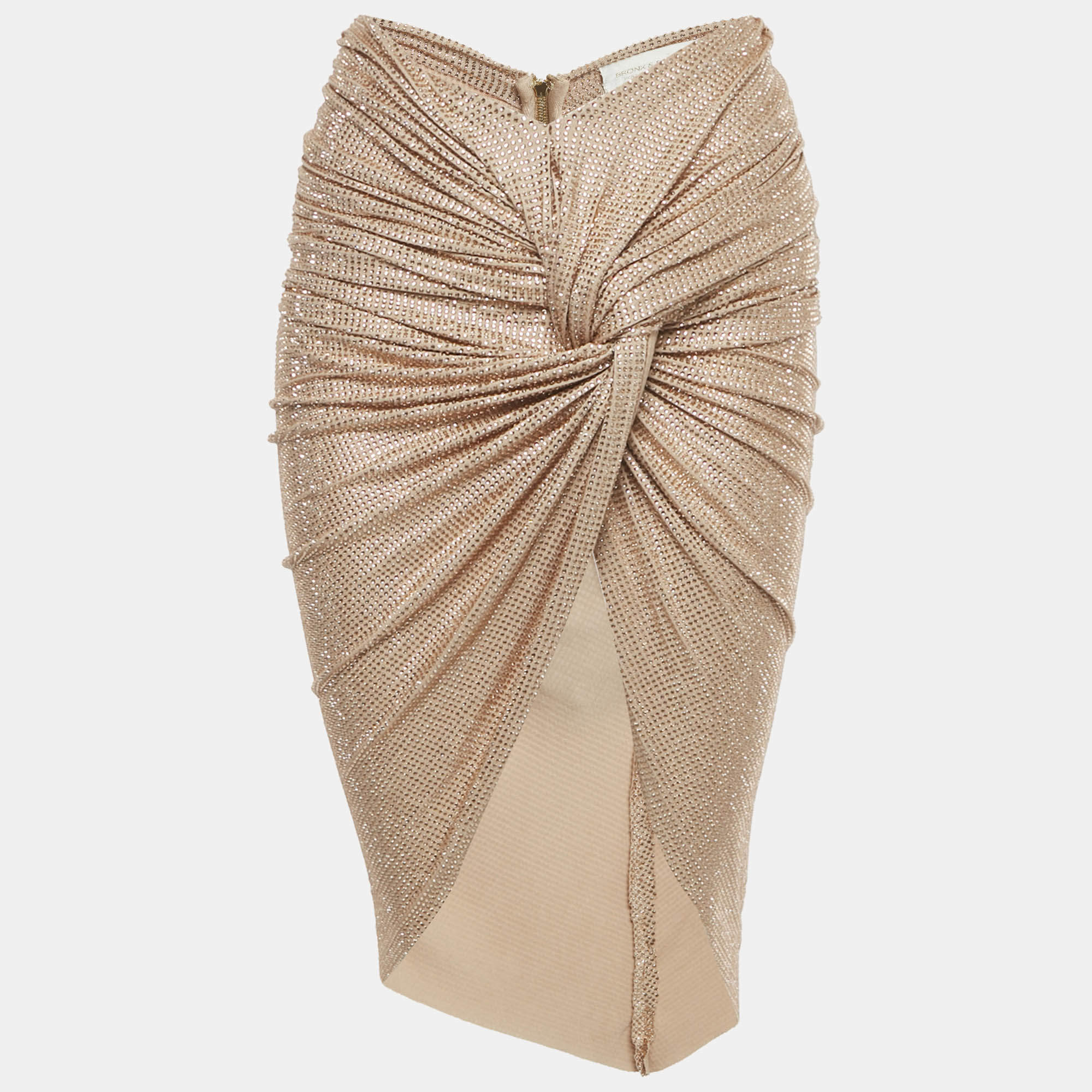 Pre Owned Bronx & Banco Rose Gold/Beige Studded Jersey Draped Mini Skirt XS