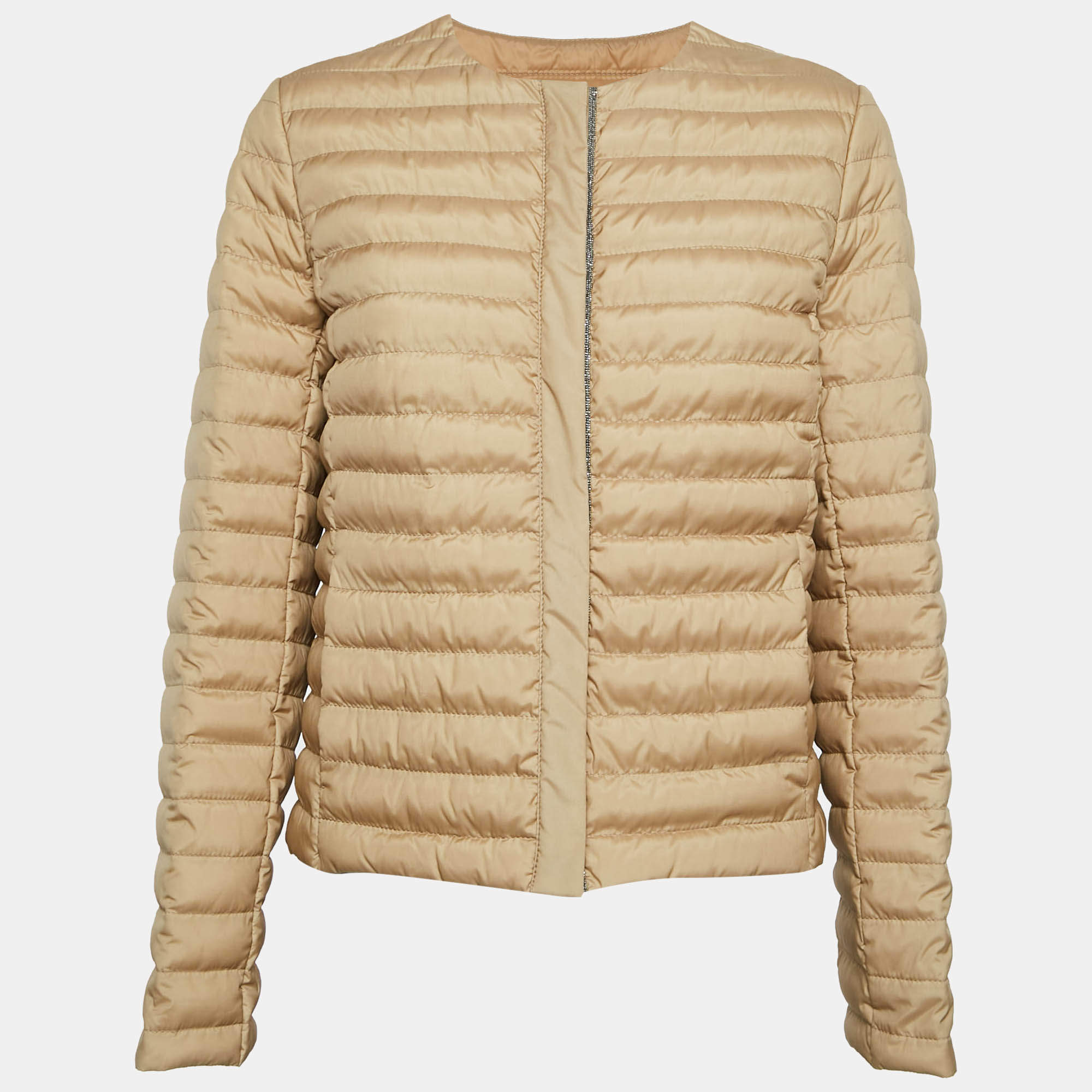 Brunello Cucinelli Beige Silk Monili Detail Down Jacket M