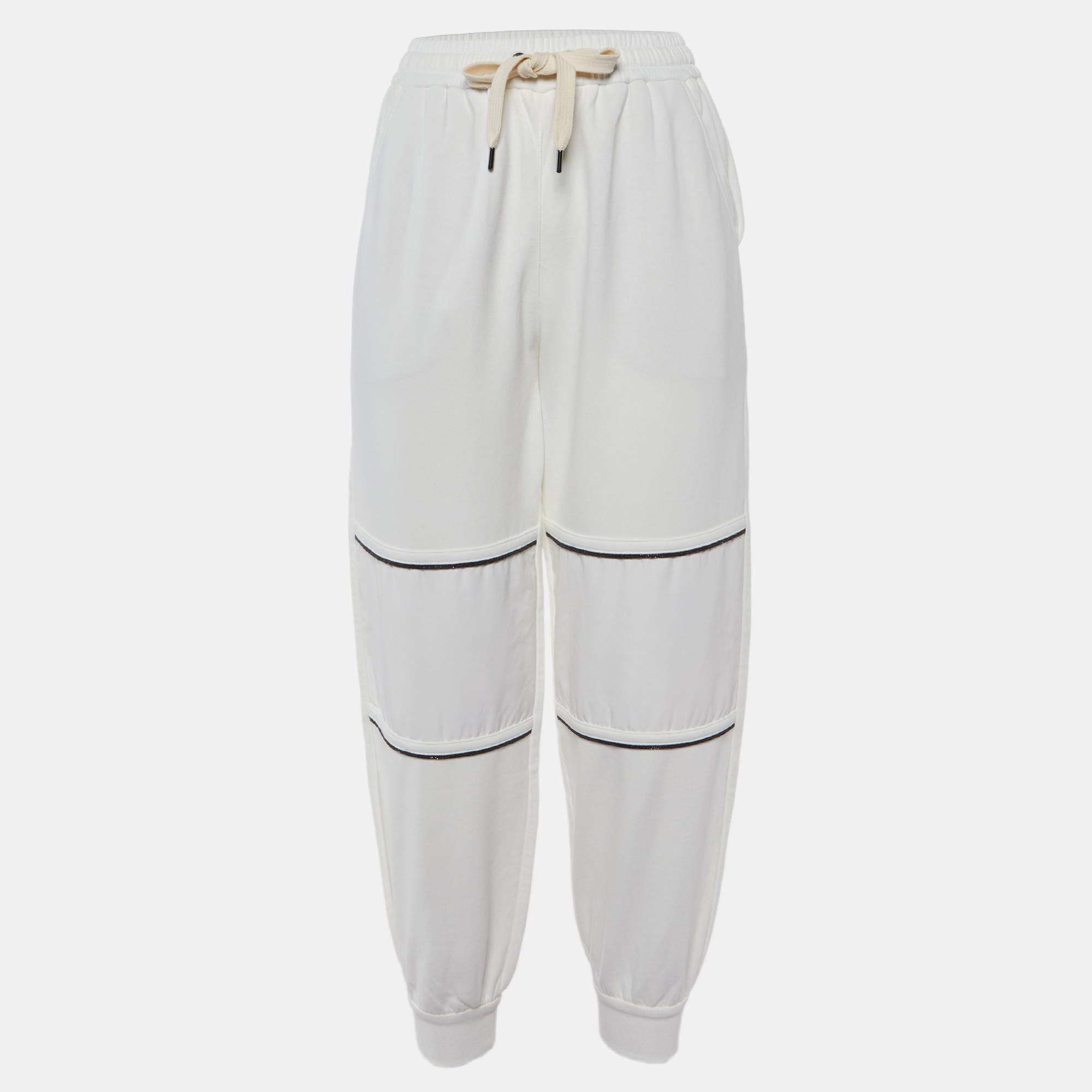 Pre Owned Brunello Cucinelli White Cotton Monili Detail Jogger Pants XXS