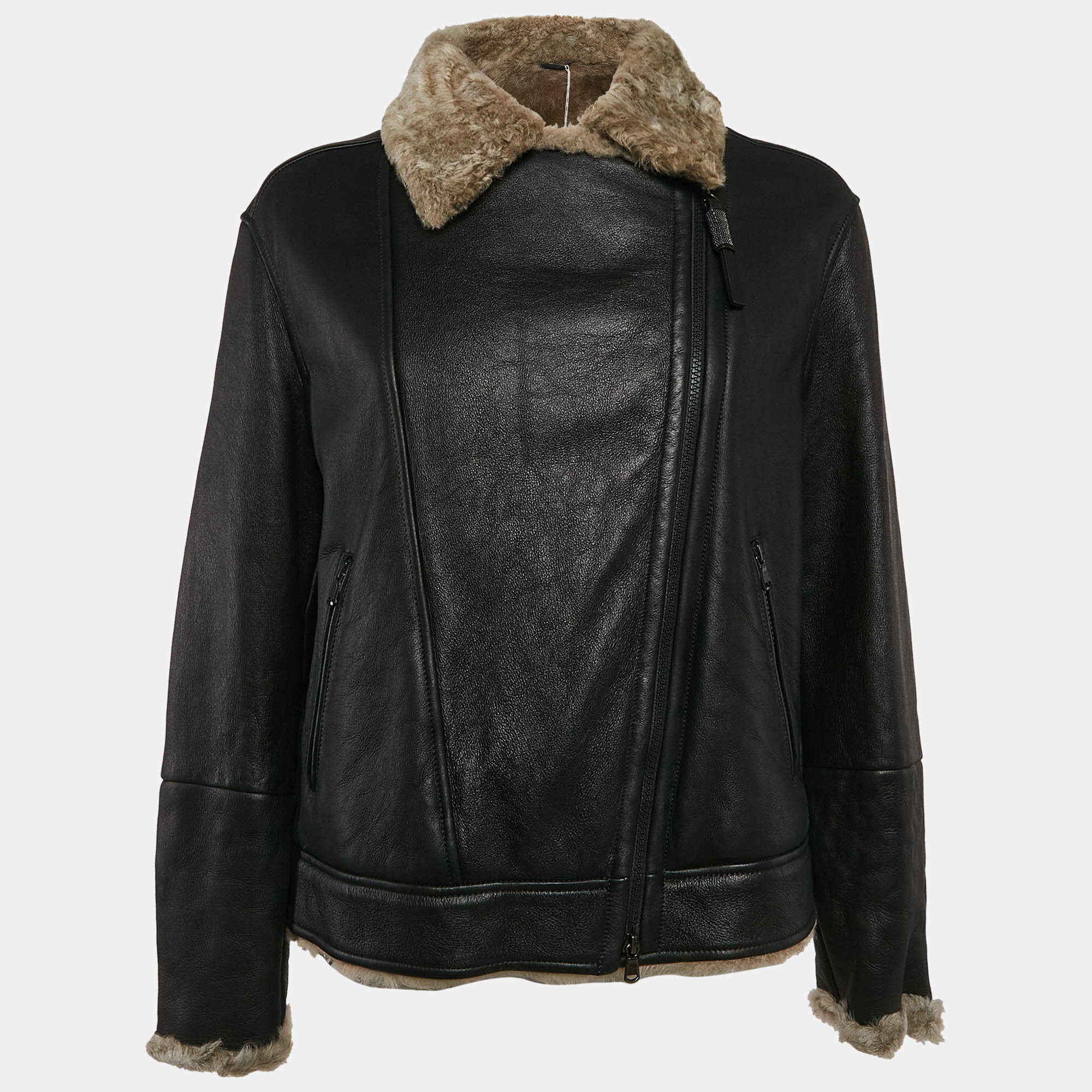 Brunello Cucinelli Black Leather Shearling Trimmed Zip-Up Jacket M