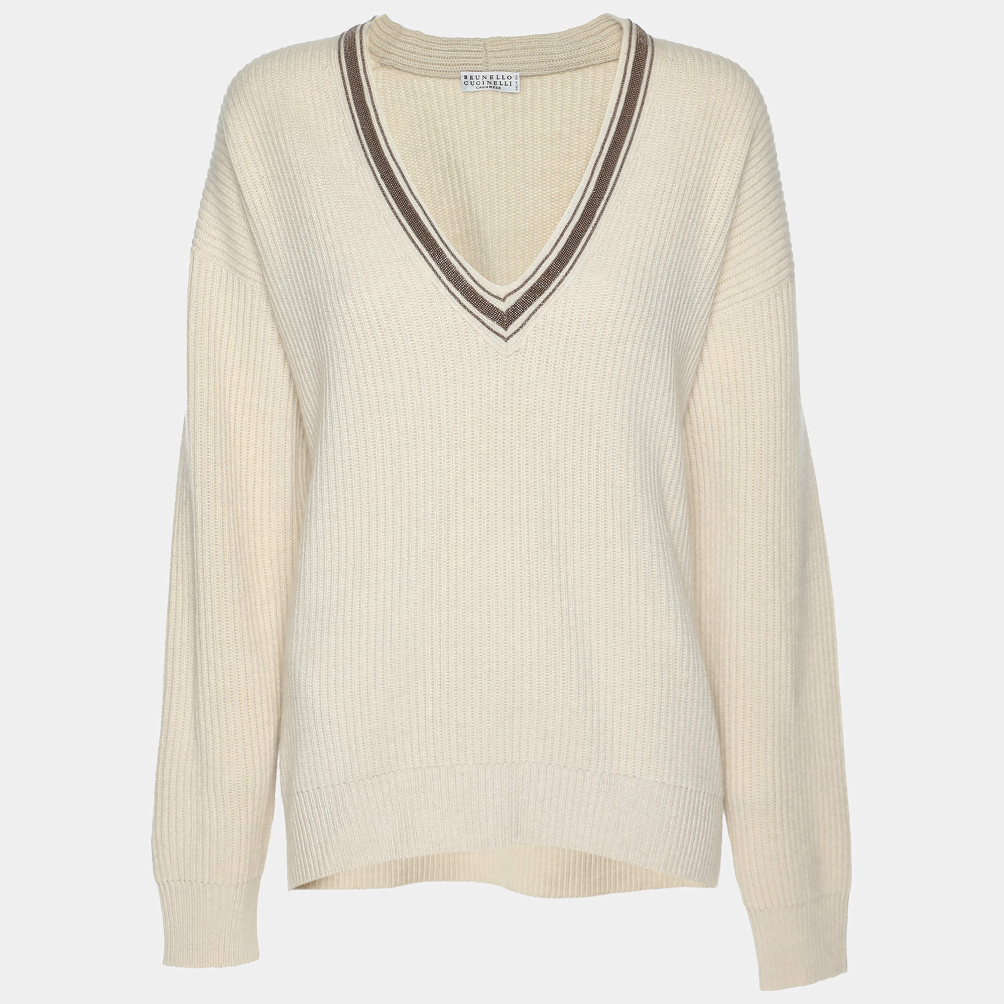 Pre Owned Brunello Cucinelli Cream Cashmere Rib Knit Embellished Sweater M