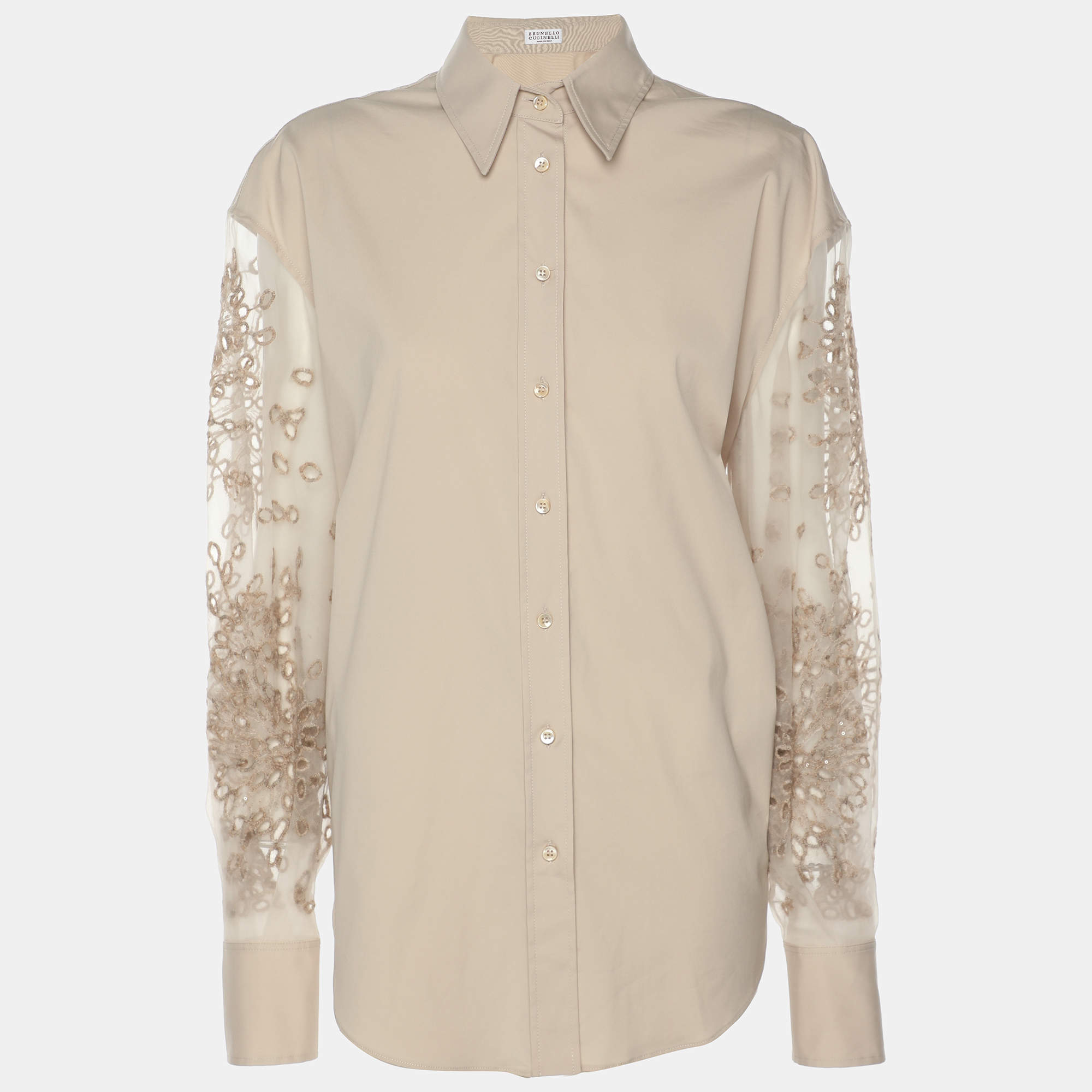 Pre Owned Brunello Cucinelli Beige Cotton Silk Floral Cut Out Sleeve Button Front Shirt S